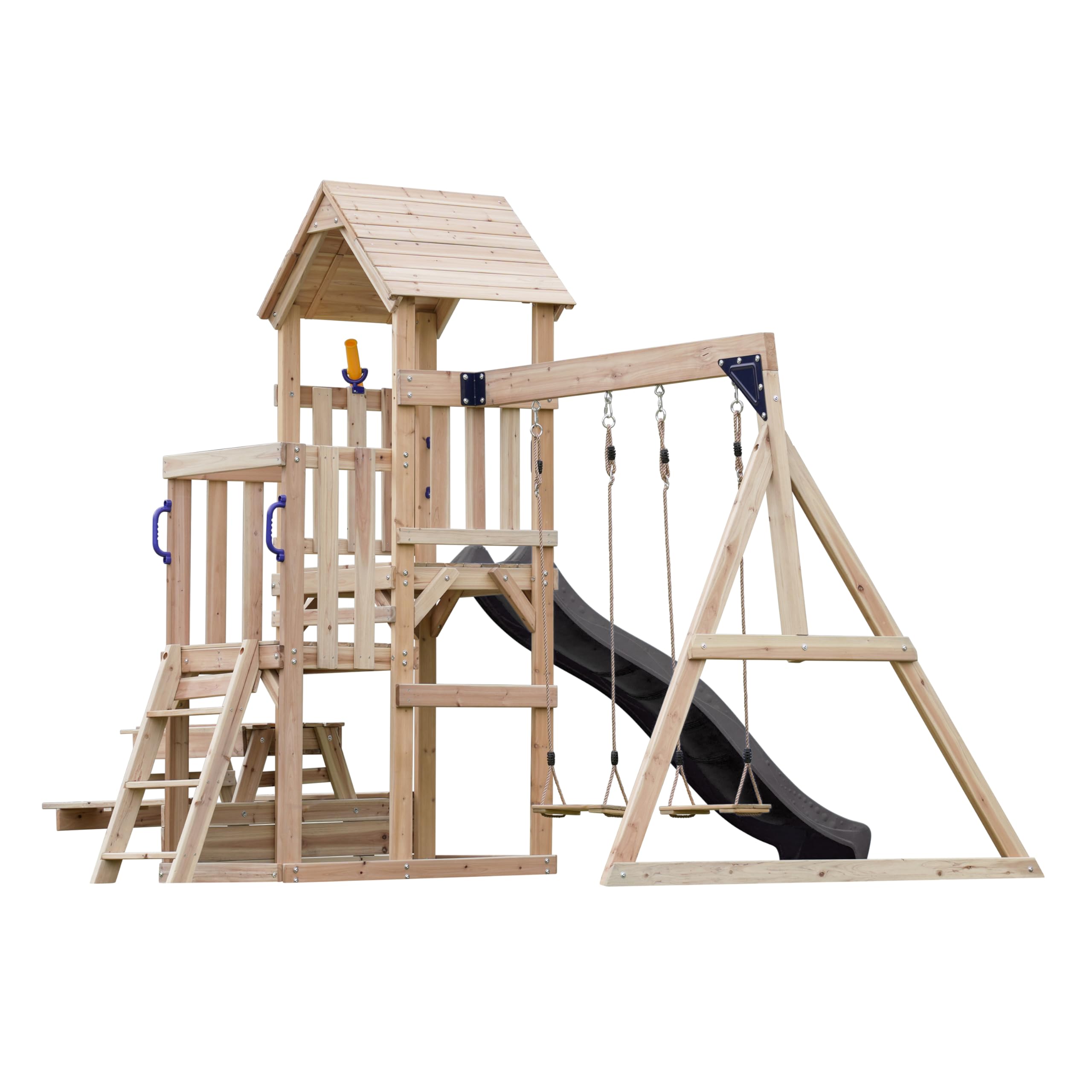 AXI Mette Aire De Jeux en Bois avec 2 Balançoires, Toboggan Gris, Table De Pique Nique/Aire De Jeux Extérieur avec Balançoires/Bac À Sable/Téléscope| Portique Balançoire/Jeux en Bois Extérieur