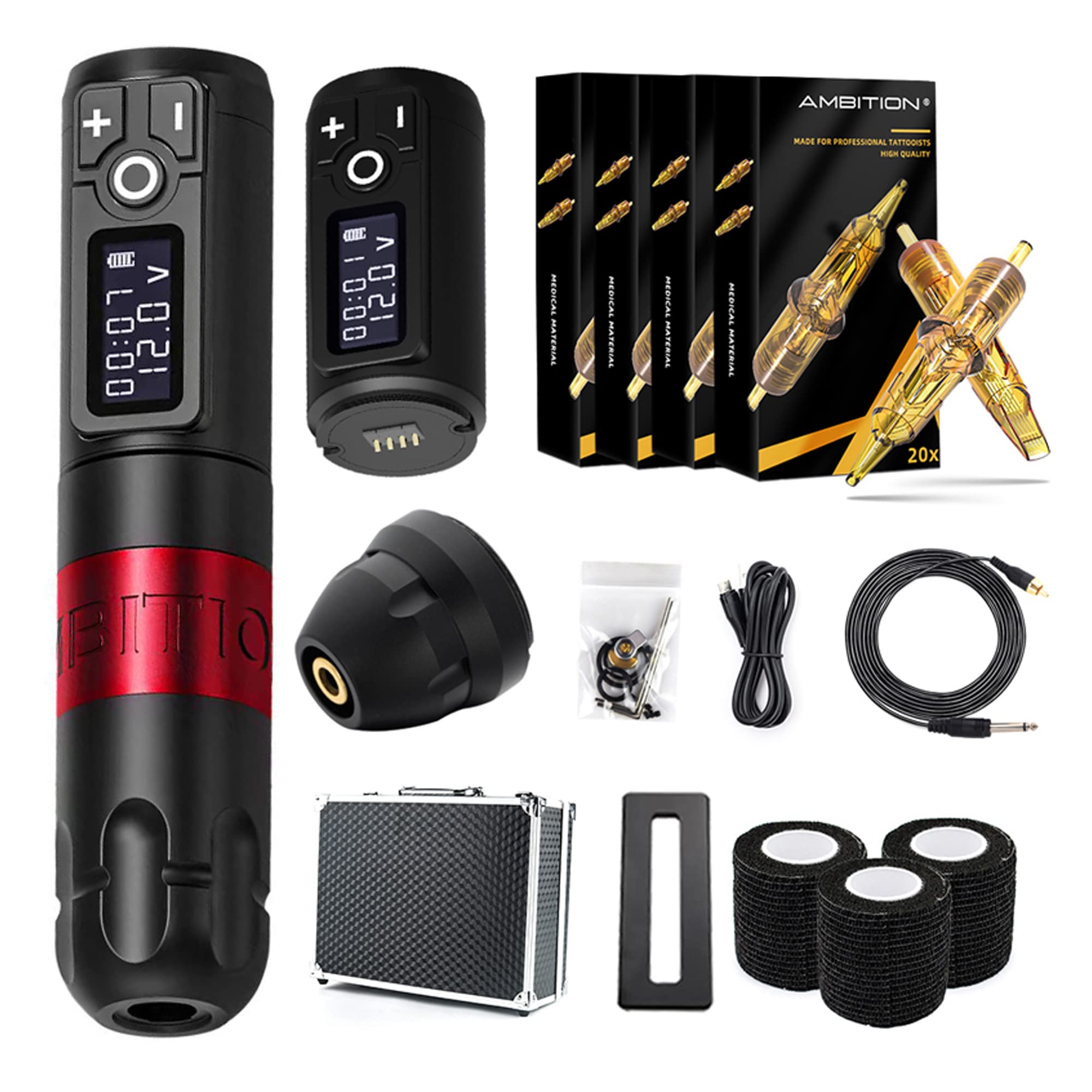 Ambition Soldier Wireless Tattoo Machine Kit Complete Rotary Coreless Motor Tattoo Pen Kit with Extra 2400mAh Battery 80pcs Glory Mixed Size Cartridge Needles Supply for Professional Tattoo Artist