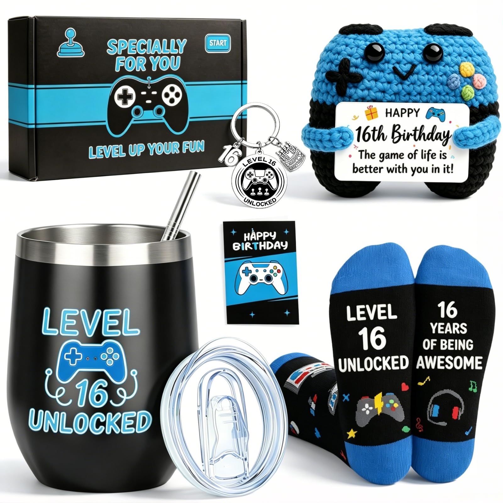 Obmyllax 16 Year Old Gifts for Boys, Unique Birthday Gift Set for 16th Boys, Cool Gamer Gift Set with Tumbler Crochet Plush Socks Keychain, Present for Son Grandson Nephew Friend Video Game Lovers