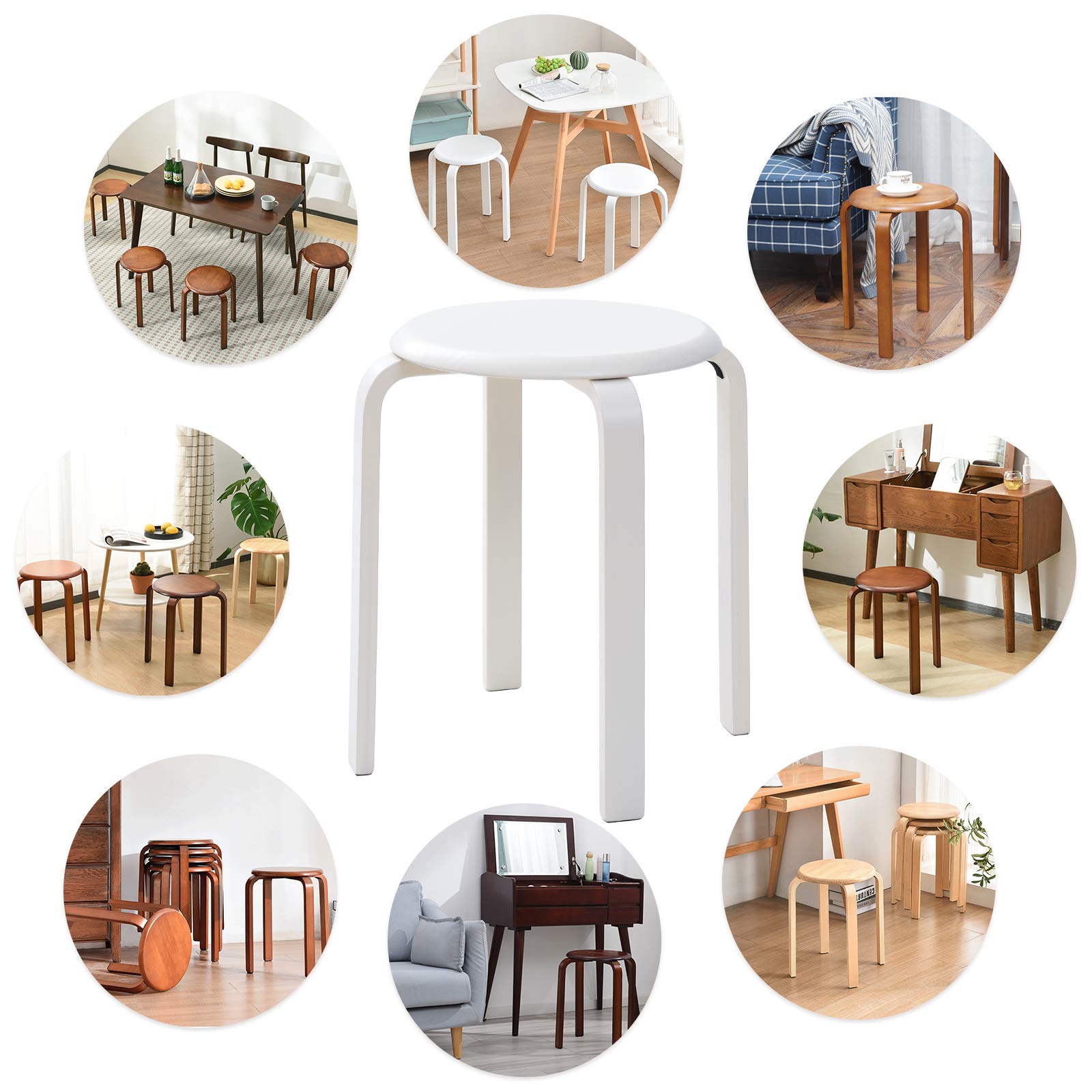 IBUYKE Taburete apilable de Madera, Taburete Curvado Antideslizante Redondo Sin Ruido Apto Cocina Bar Dormitorio,Blanco RF-717-4 — view 6