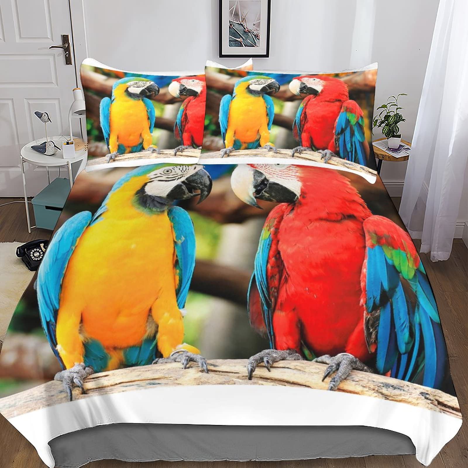 Parure de lit 200x200 cm perroquet 3D microfibre facile d'entretien pour lit double