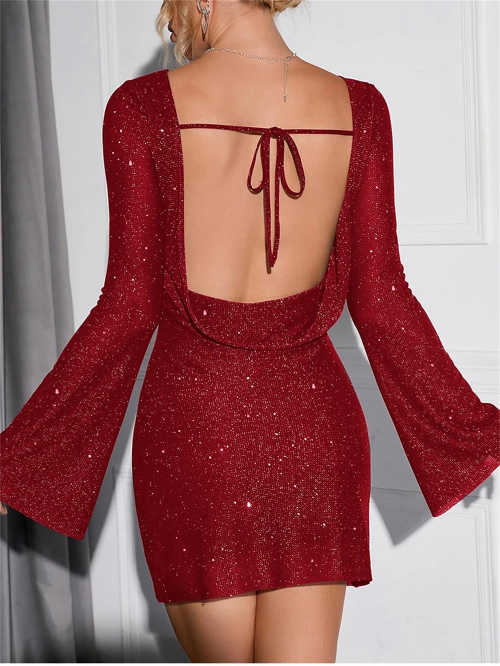 Vestido corto de manga larga con lentejuelas y espalda descubierta para mujer, vestido ajustado para fiesta, club