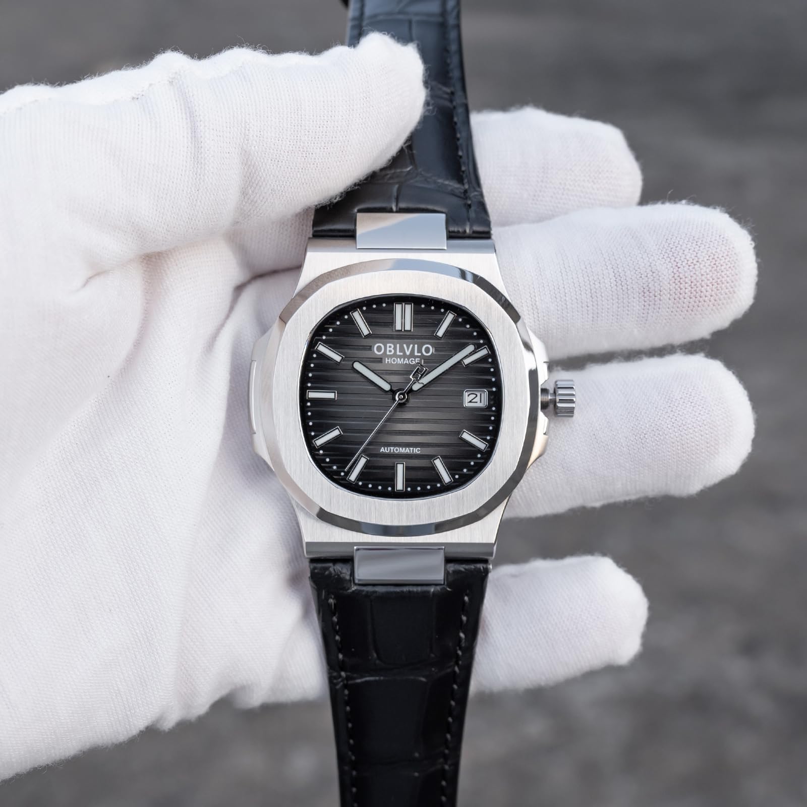 OBLVLO Elegante orologio da uomo automatico quadrato, cassa ultrasottile in acciaio inox da 8,5 mm, cinturino in pelle nera, display della data, Miyota 9015, FM-AT