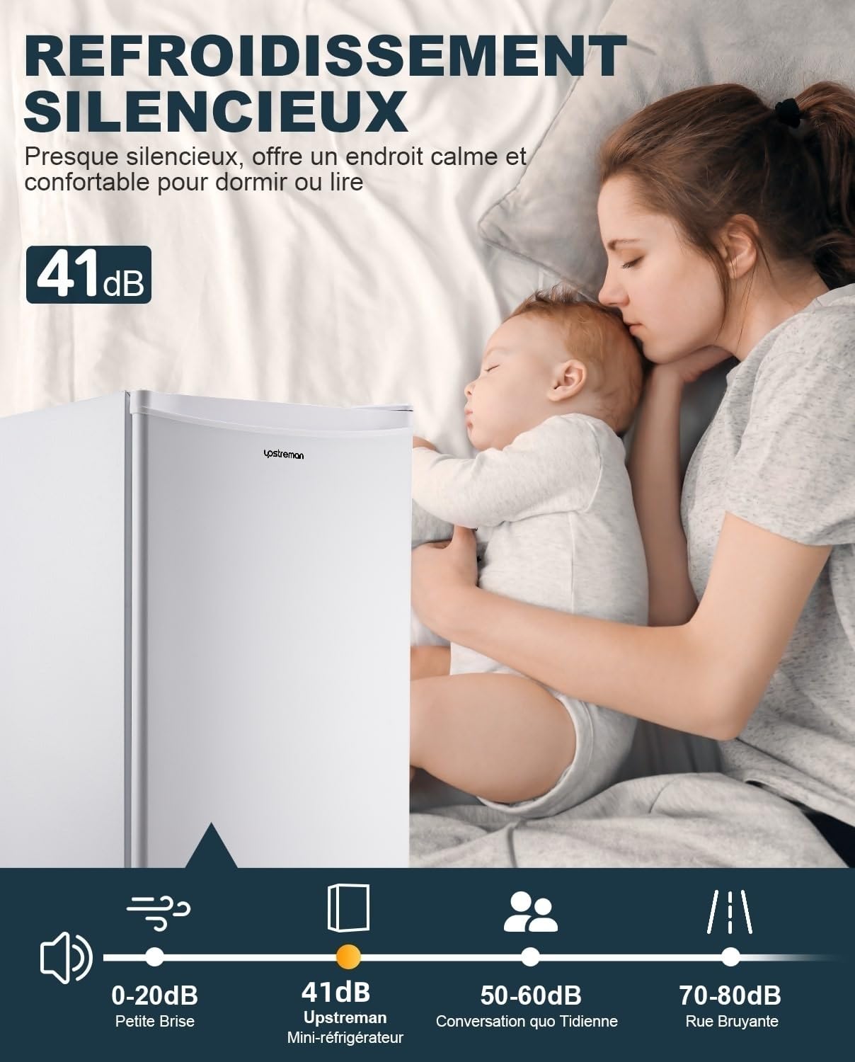 Upstreman Réfrigérateur 91L avec Congélateur, Bac à Légumes, Thermostat Réglable, Silencieux, Porte Réversible, Blanc - BR321