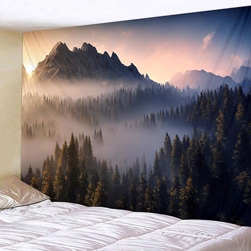 Miniatura 8 de LYFANS Tapiz de bosque de montaña del amanecer, tapiz de arte, tapiz de arte campestre, tapiz bohemio hecho a mano, dormitorio, sala de estar,