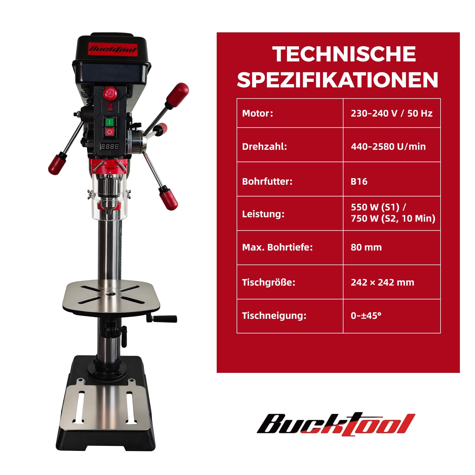 Bucktool 305 mm Tischbohrmaschine, 750 W Induktionsmotor, variable Drehzahl 440–2580 U/min, Säulenbohrmaschine mit Laser, Bohrtiefenanschlag und neigbarem Arbeitstisch für Metall, Holz und Kunststoff