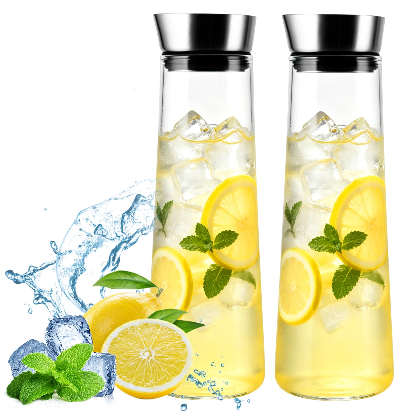 2 caraffe per acqua in vetro da 1500 ml con coperchio in acciaio inox, caraffa in vetro con coperchio da 1,5 l, caraffa per acqua con beccuccio, caraffa per acqua in vetro per bevande fatte in