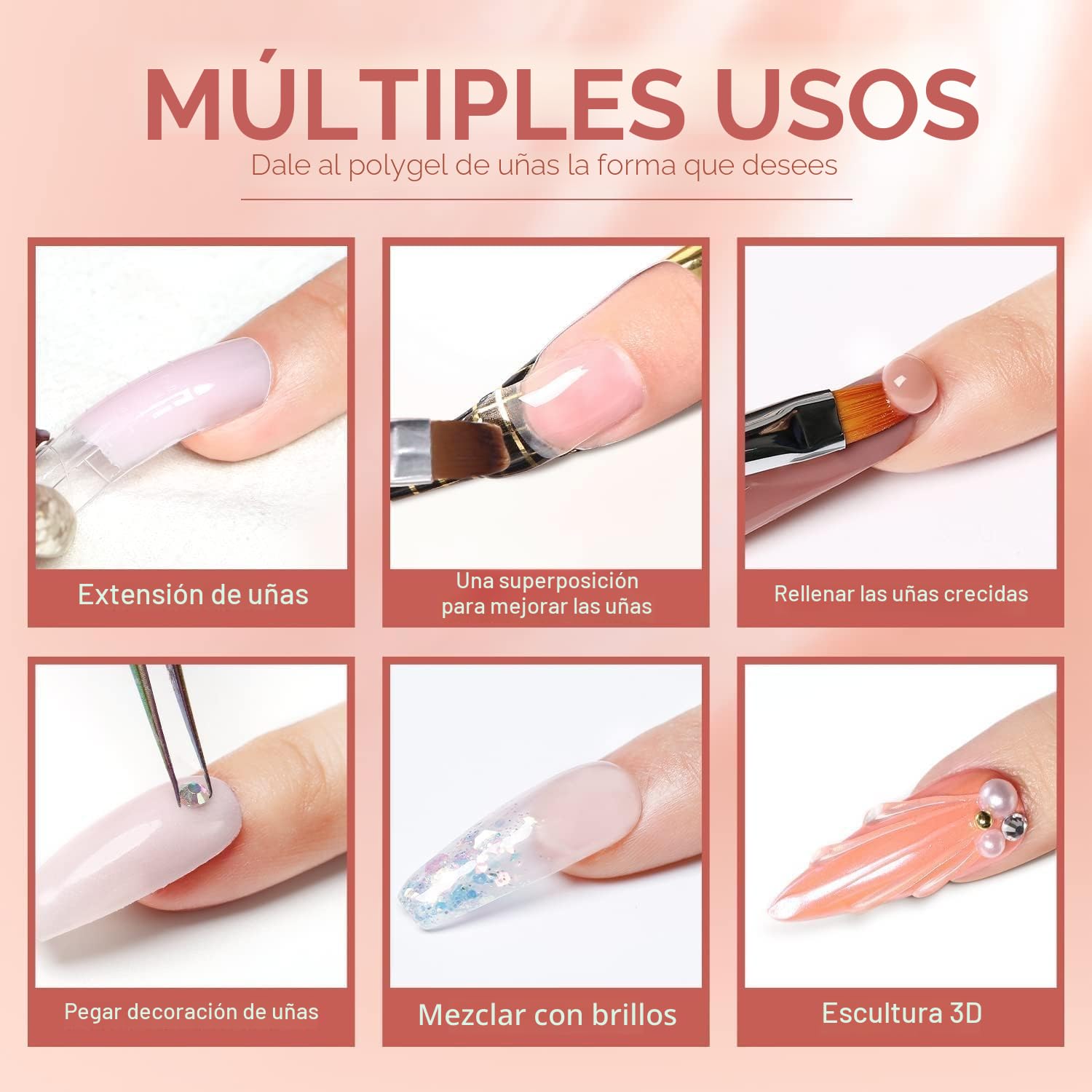 Modelones Polygel Starter Set, 6 Colores Glitter Negra Claro Nude Polygel Set con Base Top Coat Slip Solution Poly Nails Quick Extension Builder Gel Manicura Set para uñas de gel DIY