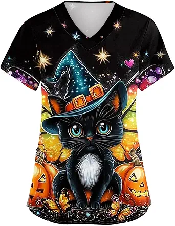 OIOLOYJM Halloween Christmas Scrub Tops Women Print V Neck Short Sleeve Plus Size Scrubs for Womens Shirts with Pockets