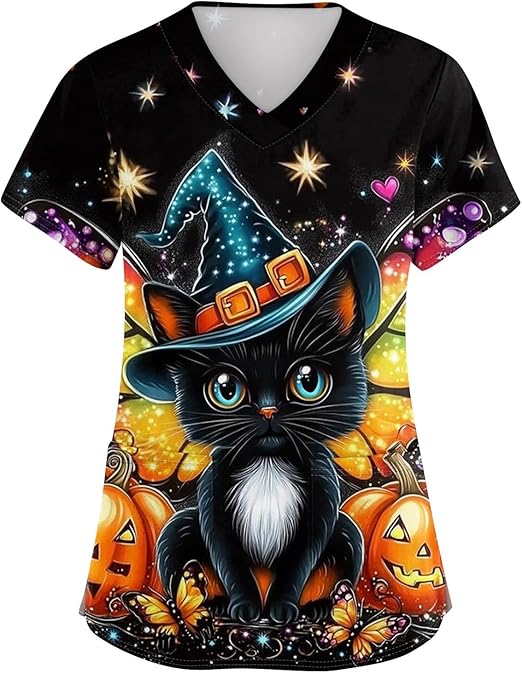 OIOLOYJM Halloween Christmas Scrub Tops Women Print V Neck Short Sleeve Plus Size Scrubs for Womens Shirts with Pockets