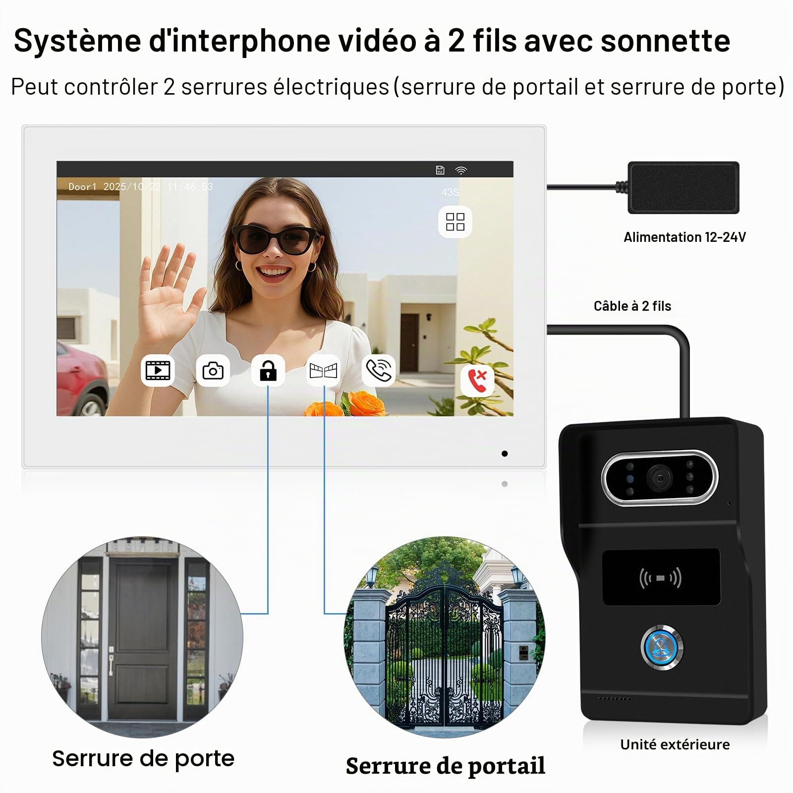 2 FilsTuya et 1080P Système d'Intercommunication avec Interphone Vidéo, Déblocage RFID,Détection de Mouvement,Vision Nocturne et Lecture Vidéo,Idéal pour Les Appartements+Hei