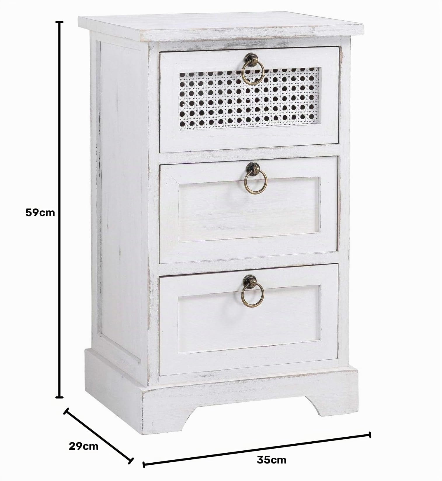 CARO-Möbel Nachttisch IRMA Nachtschrank für Boxspringbett Nachtkonsole mit 3 Schubladen weiß Vintage Design