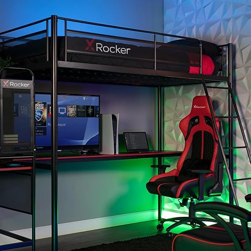 Miniatura 8 de X Rocker HQ - Cama alta para juegos, marco de metal duradero, estantería integrada, escalera segura, lados de malla de rejilla, 2112601, 78 x 61.4 x