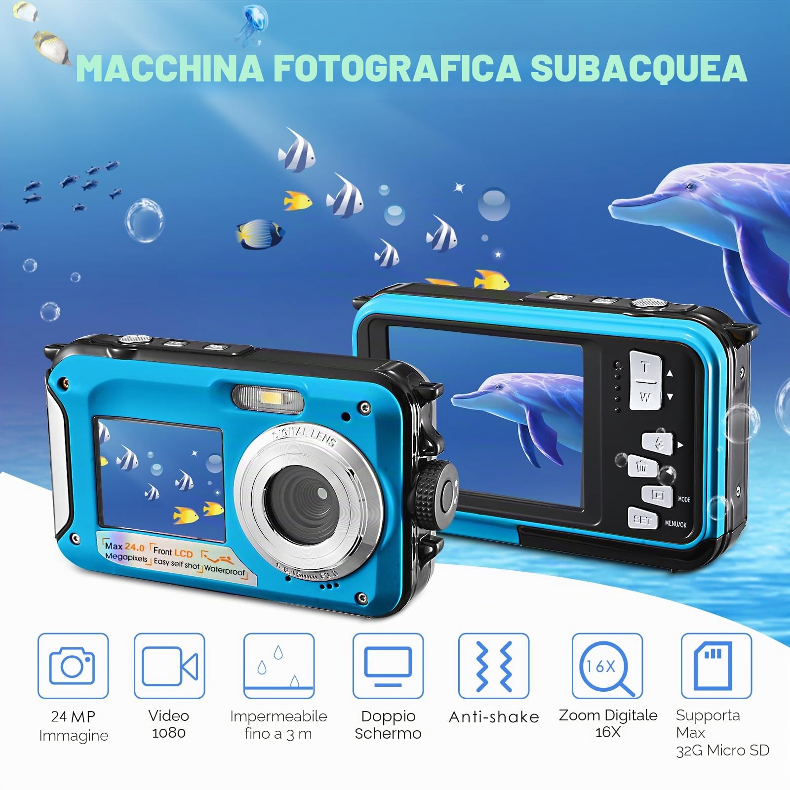 Fotocamera subacquea, Full HD 2.7K 24MP fotocamera digitale impermeabile, fotocamera compatta impermeabile 10FT, zoom digitale 16X, autofocus, fotocamera anti-shake per bambini, adolescenti