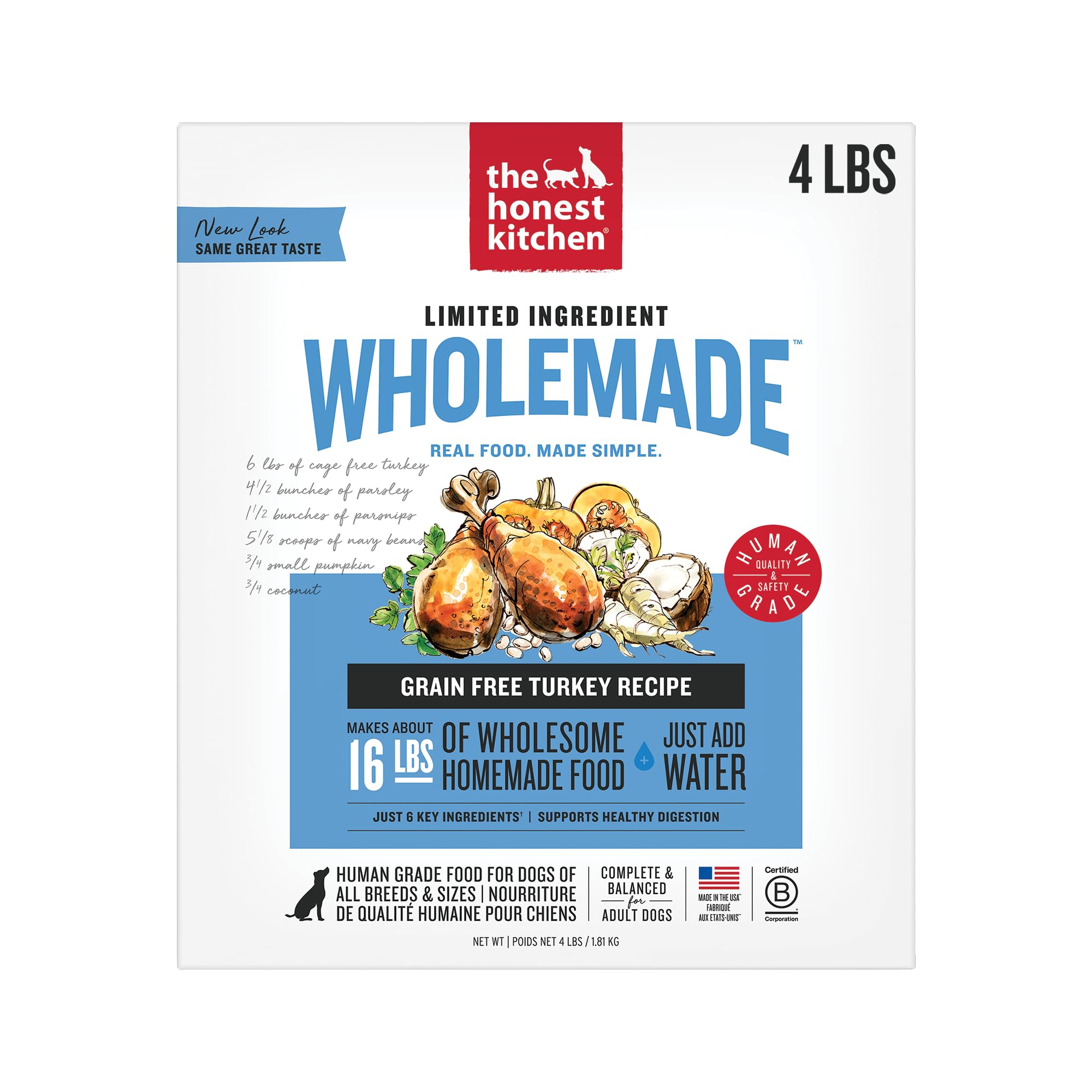 The Honest Kitchen Wholemade 6 Ingredient Grain Free Turkey Recipe, Human Grade Dehydrated Dog Food, Allergy Friendly, Digestion Support, Topper for Dry or Wet Dog Food, 4 lb Box Makes 16 lbs