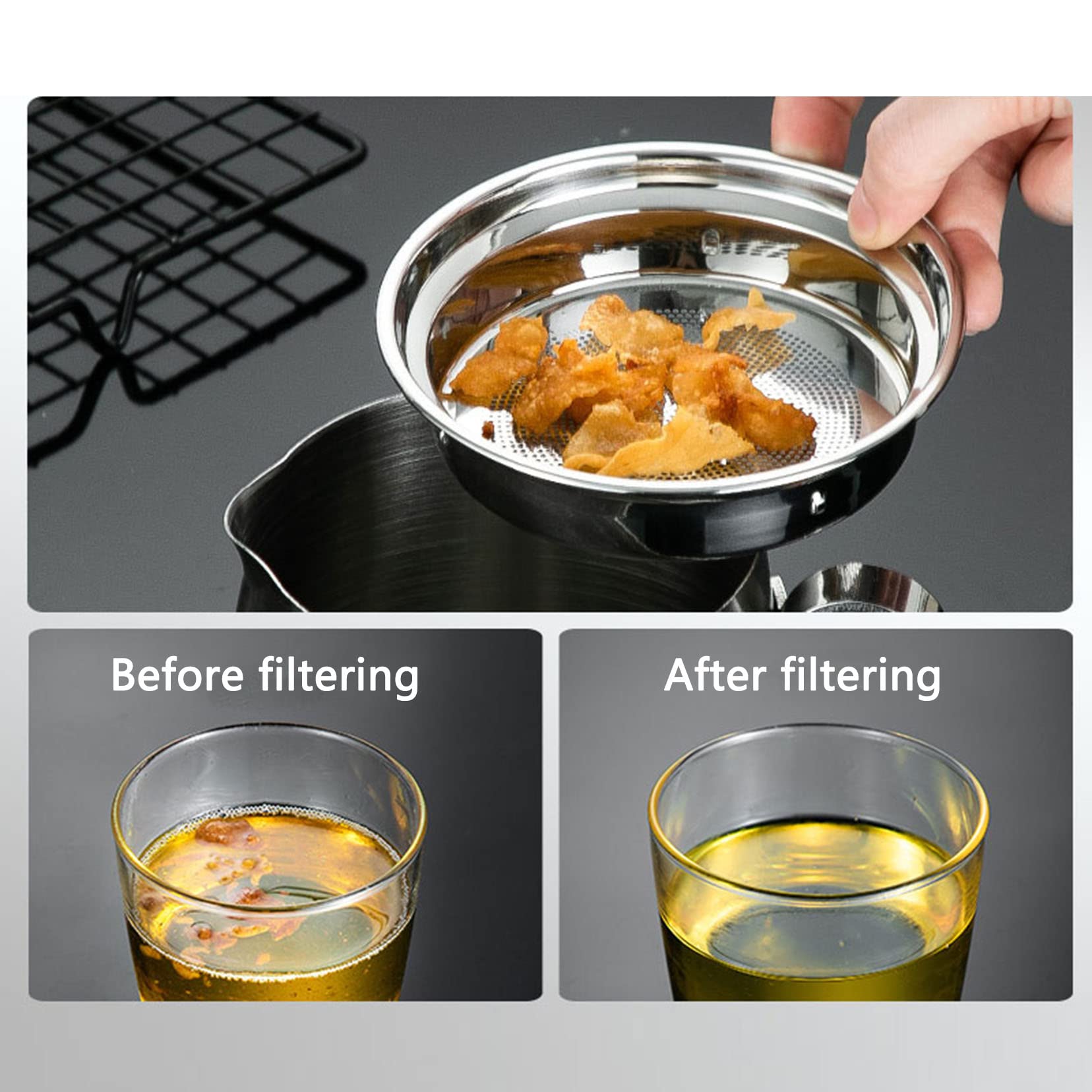 Recipiente de acero inoxidable para grasa de tocino (1,4 L, 1,8 L, 2,1 L) con colador, lata de almacenamiento de aceite de cocina para freír y cocinar, olla de grasa para uso en encimera, color