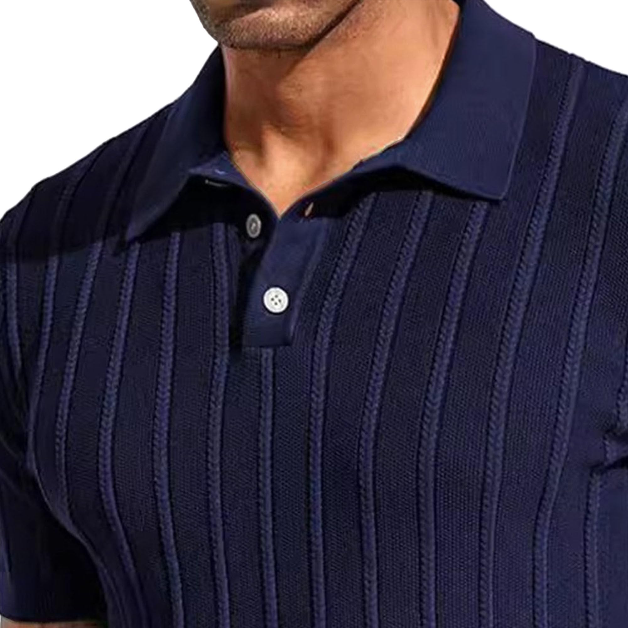 Zylphorix Men Suit Collar Striped Knit Shirts Quarter Button Hollow Out Knitted T Shirt Summer Lapel Short Sleeve Pullover (Dark Blue,Large)