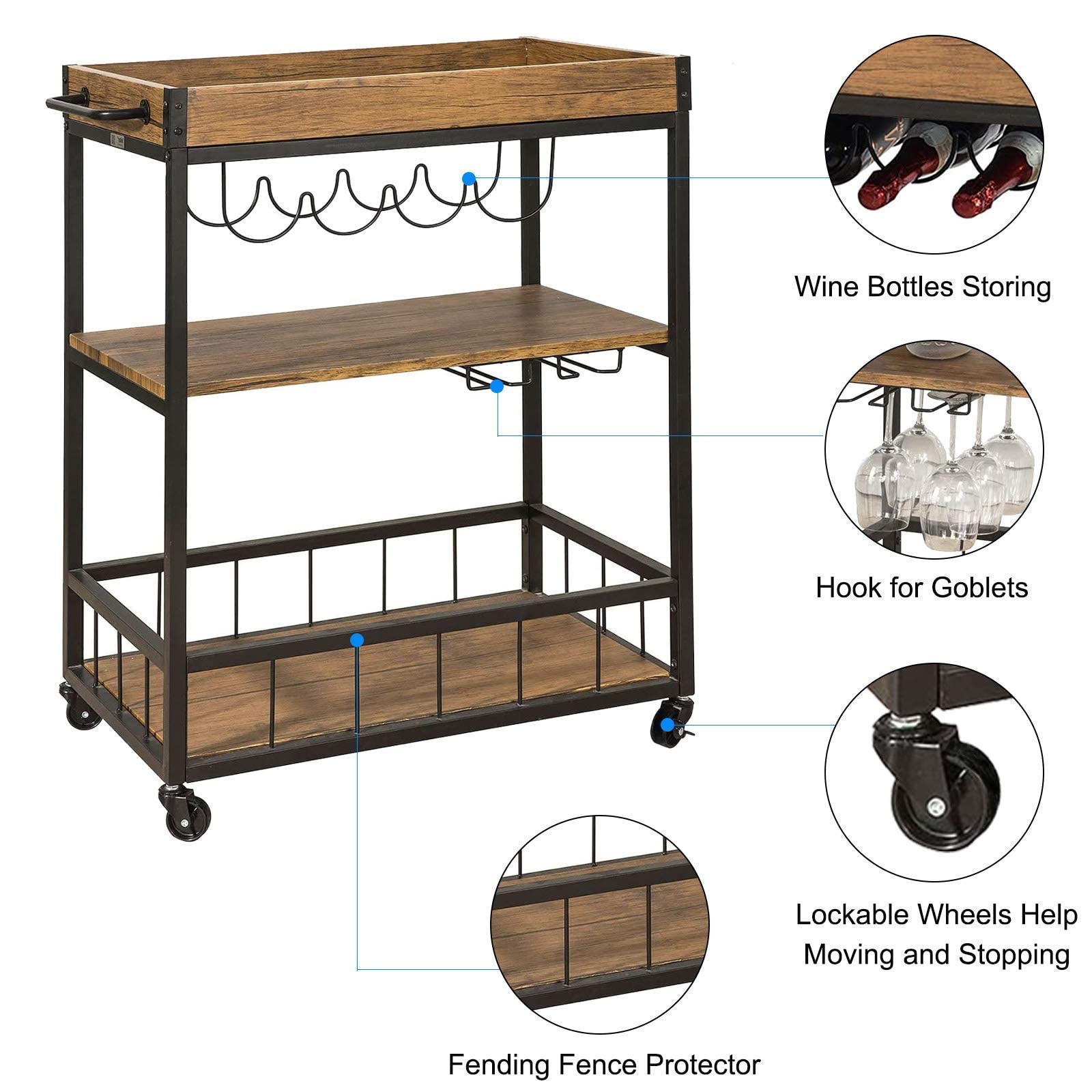Buy Bar Cart, Kitchen Serving Cart on Wheels with 3Tier Storage