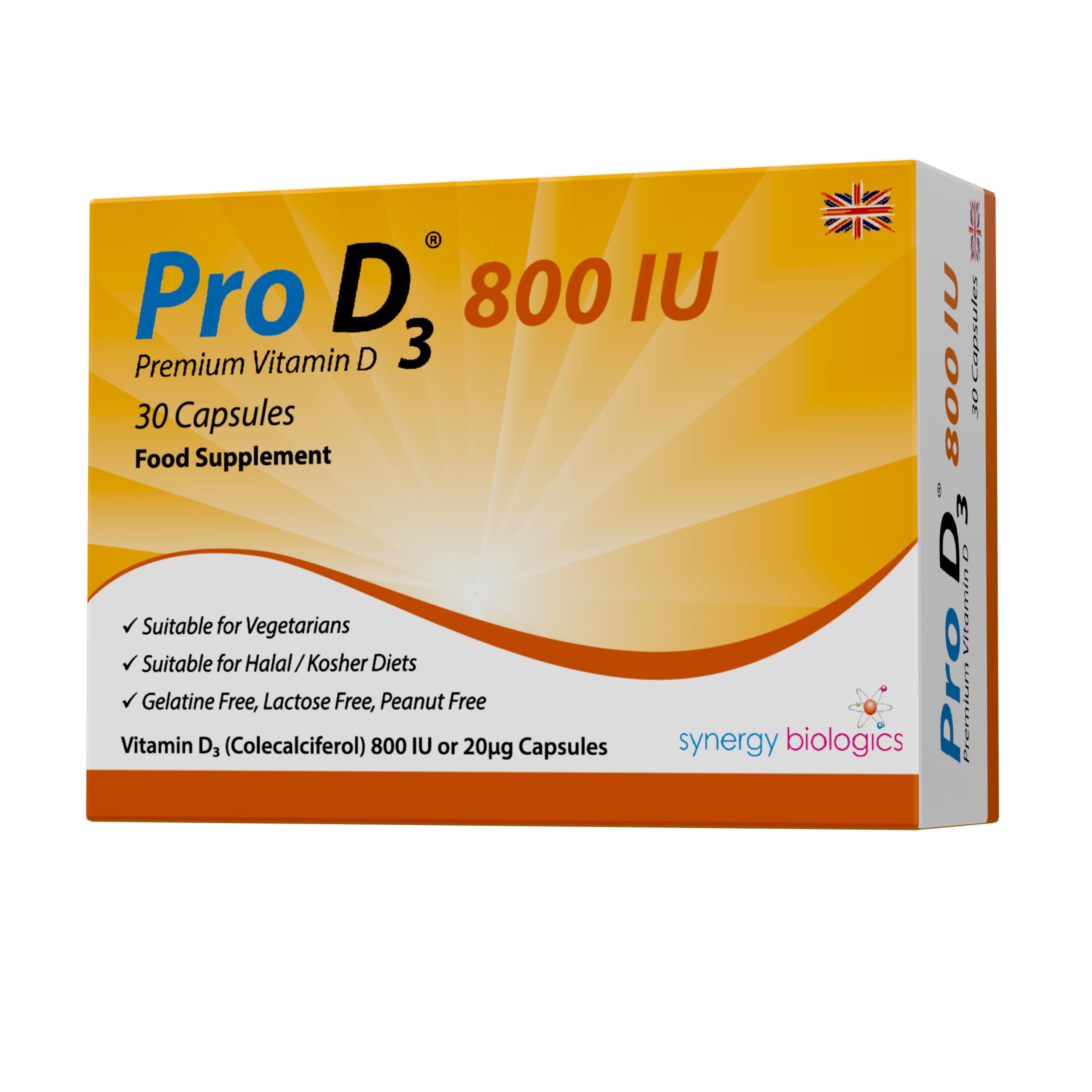 800 IU Capsules | Premium Vitamin D3 | 30 Capsules | Gelatine Free, Lactose Free, Dairy Free, Nut Free | Suitable for Vegetarians, Halal & Kosher Diets | Made in The UK