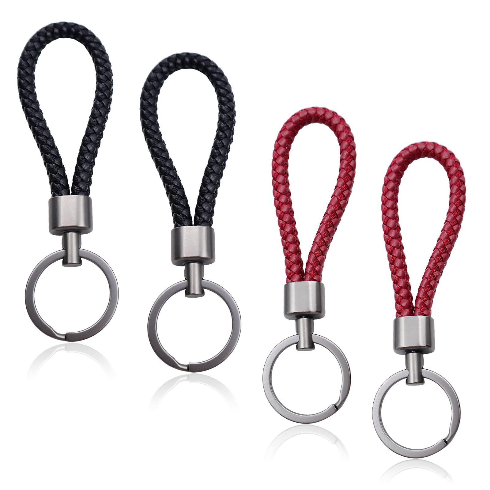 LAINIKE 4 Pcs Braided Leather Keychain, Leather Keyring Straps Car Unisex Keychains Car Keyring Key for Car Motorcycle and House Keys(Black, Red)