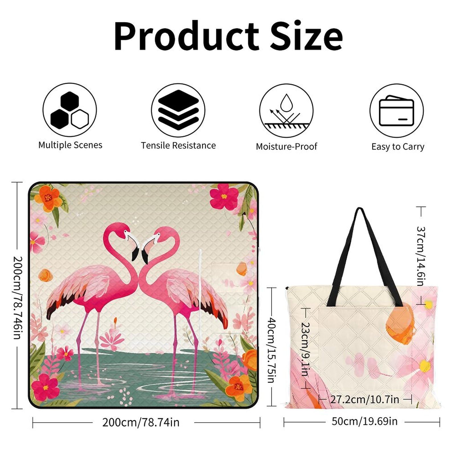 Tapis de pique-nique convertible à fermeture éclair avec motif flamants roses et fleurs - Couverture d'extérieur imperméable et isolante avec sac fourre-tout, pliable pour camping, plage