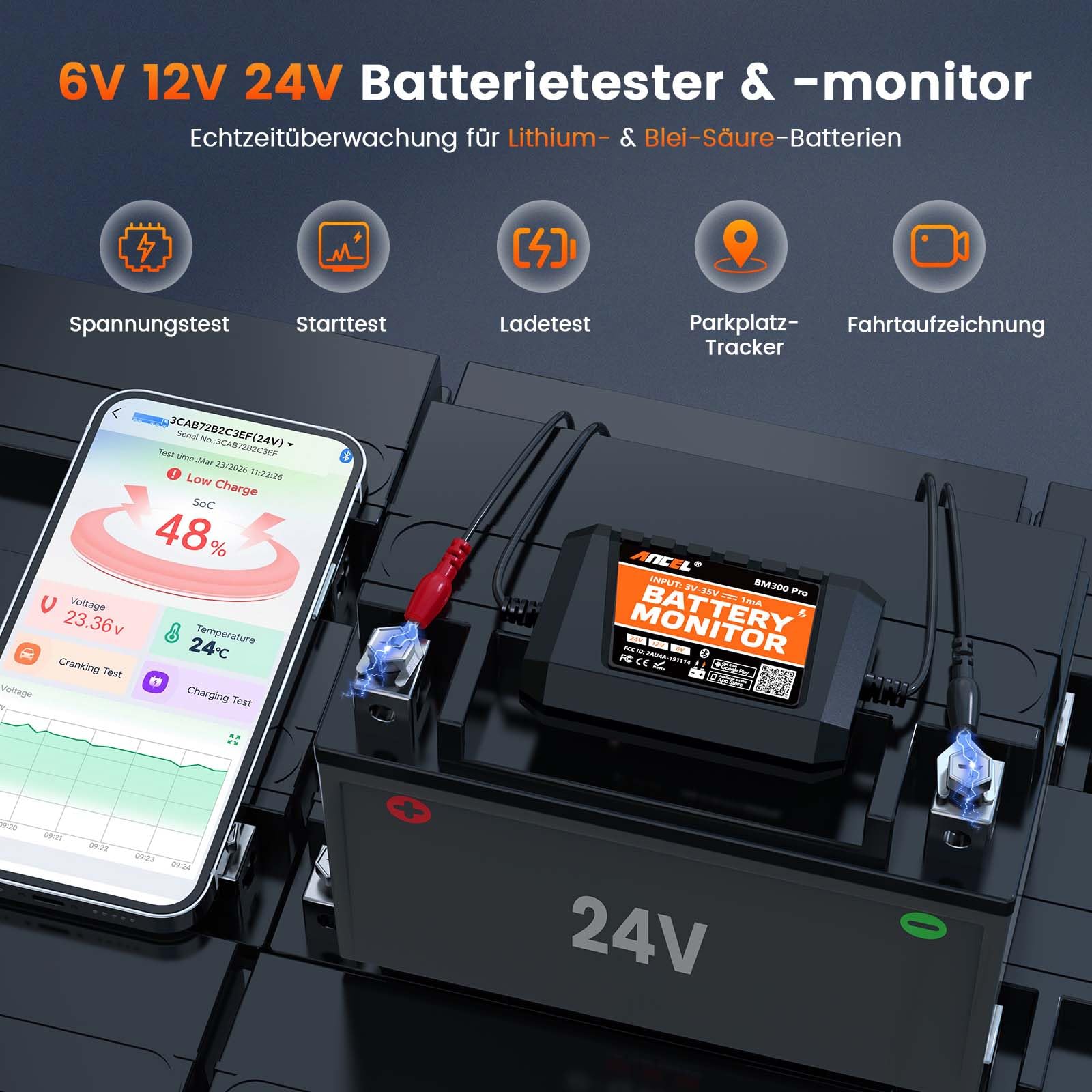 ANCEL BM300Pro Batteriewächter 6V/12V/24V Bluetooth5.3 Batterie Überwachung | Batteriemonitor KFZ Batterietester mit Lade-/Starttest, Alarm, IP67 Wasserdicht für LKW Auto Motorrad LiFePO4&leibatterien