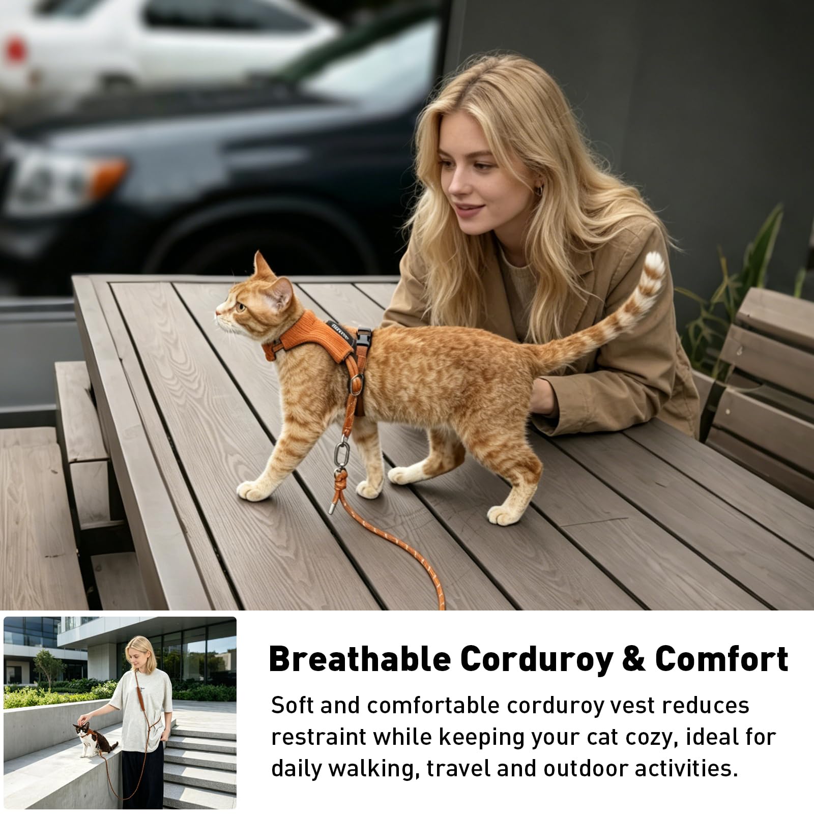 Juego de arnés y correa para gatos, arnés suave ajustable a prueba de escape para gatos, correa para mascotas para cruzar/cintura/de mano, cómodo y ligero para caminar al aire libre (café)