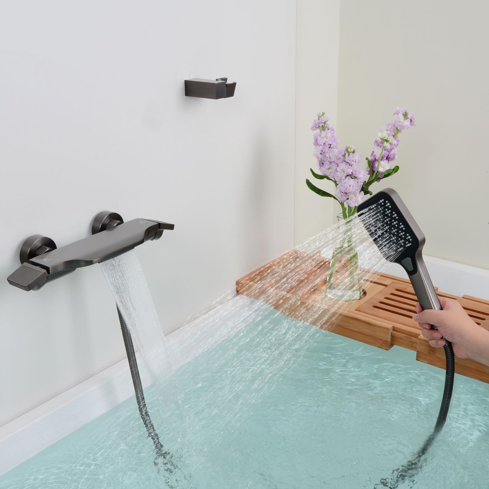 Badewannenarmatur mit Handbrause, Wannenarmatur Wasserfall, Armatur Badewanne Set, Messing, Grau, 14Y7OK