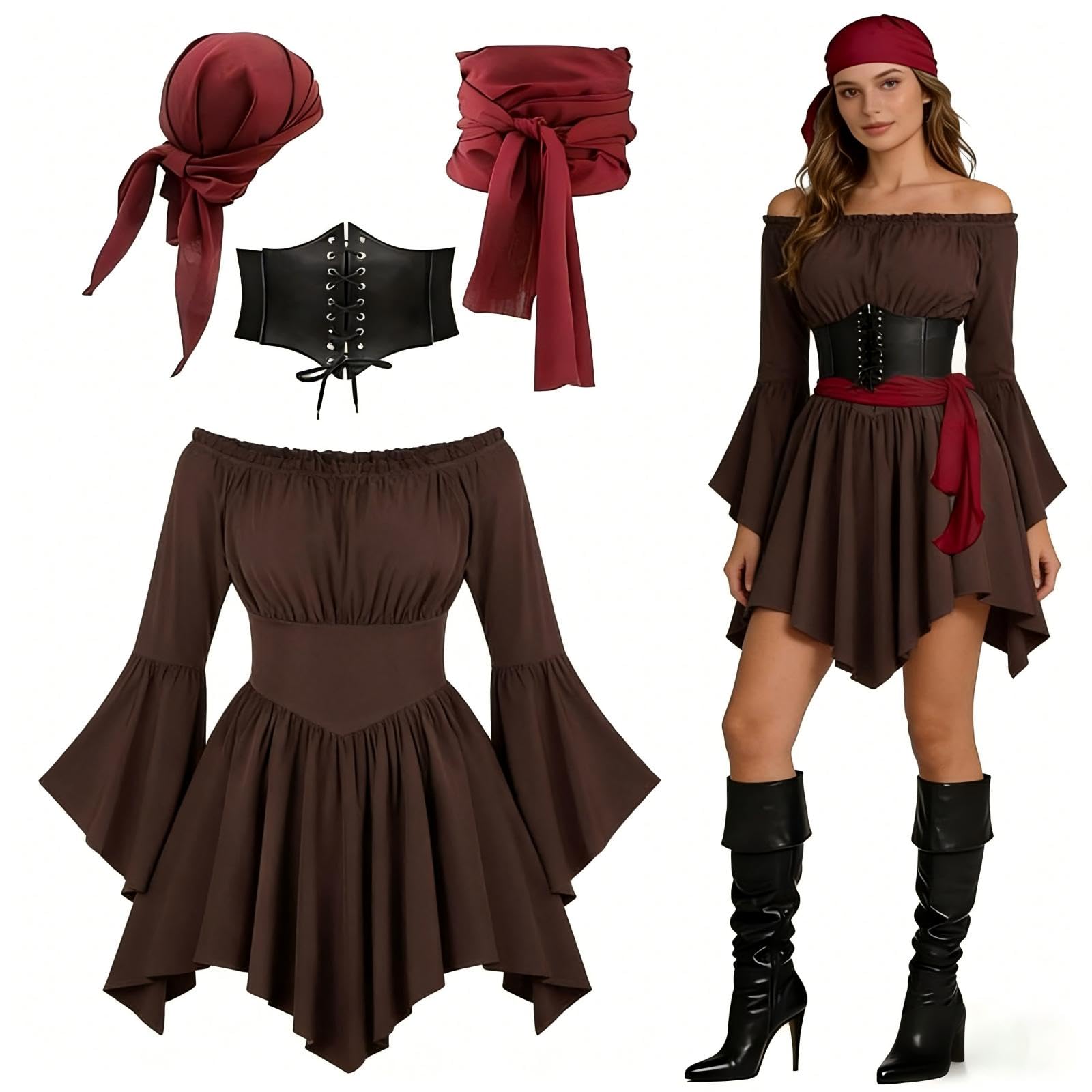 Pirate Costume Women 4 PCS Adult Halloween Costume Off Shoulder Gothic Dress Set Fancy Dress Head Scarf and Corset With Lace-Up Front Medieval Costumes Renaissance Cosplay Party Outfits — image 1