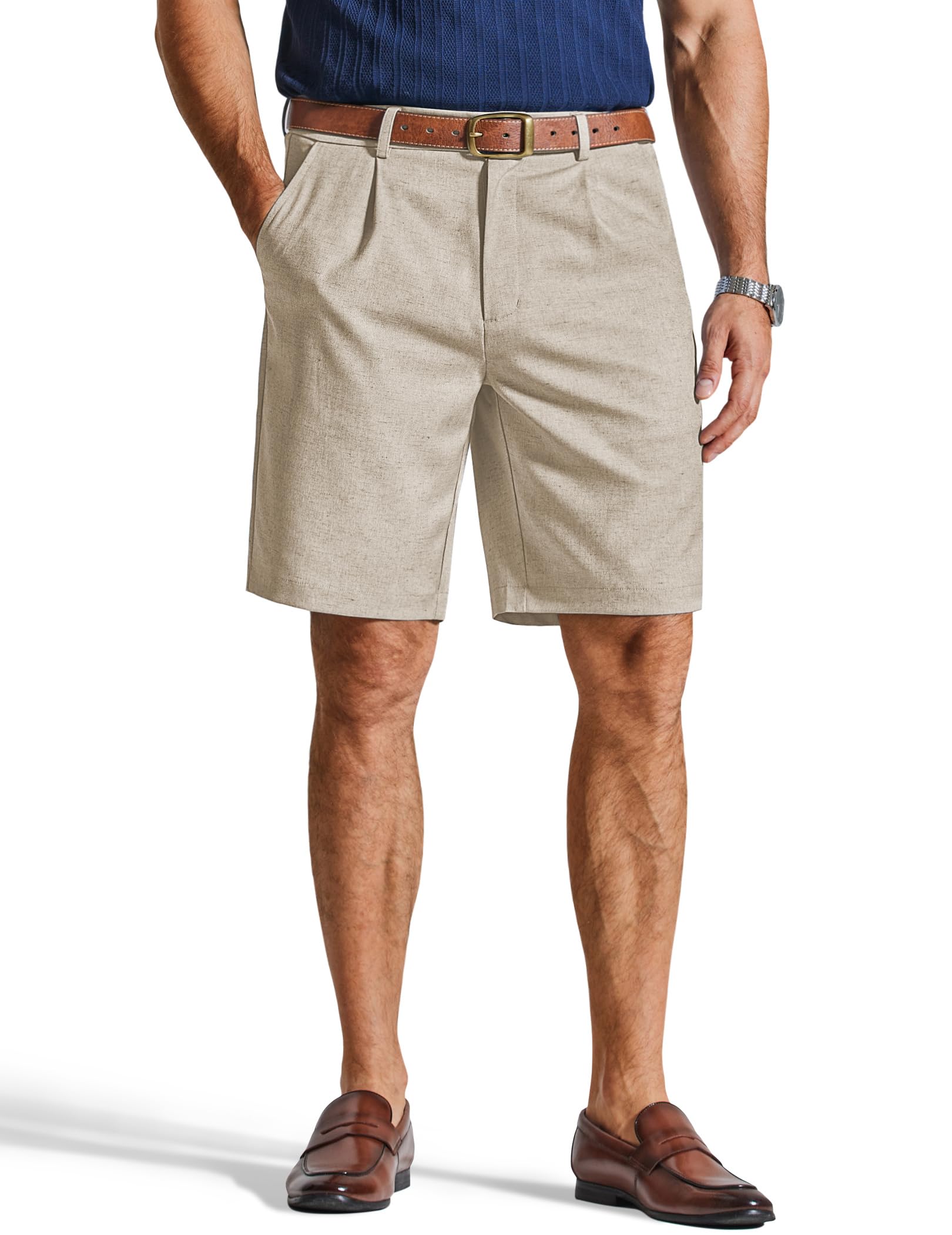 COOFANDY Men's Casual Shorts Pleated Front 9" Linen Textured Dress Shorts