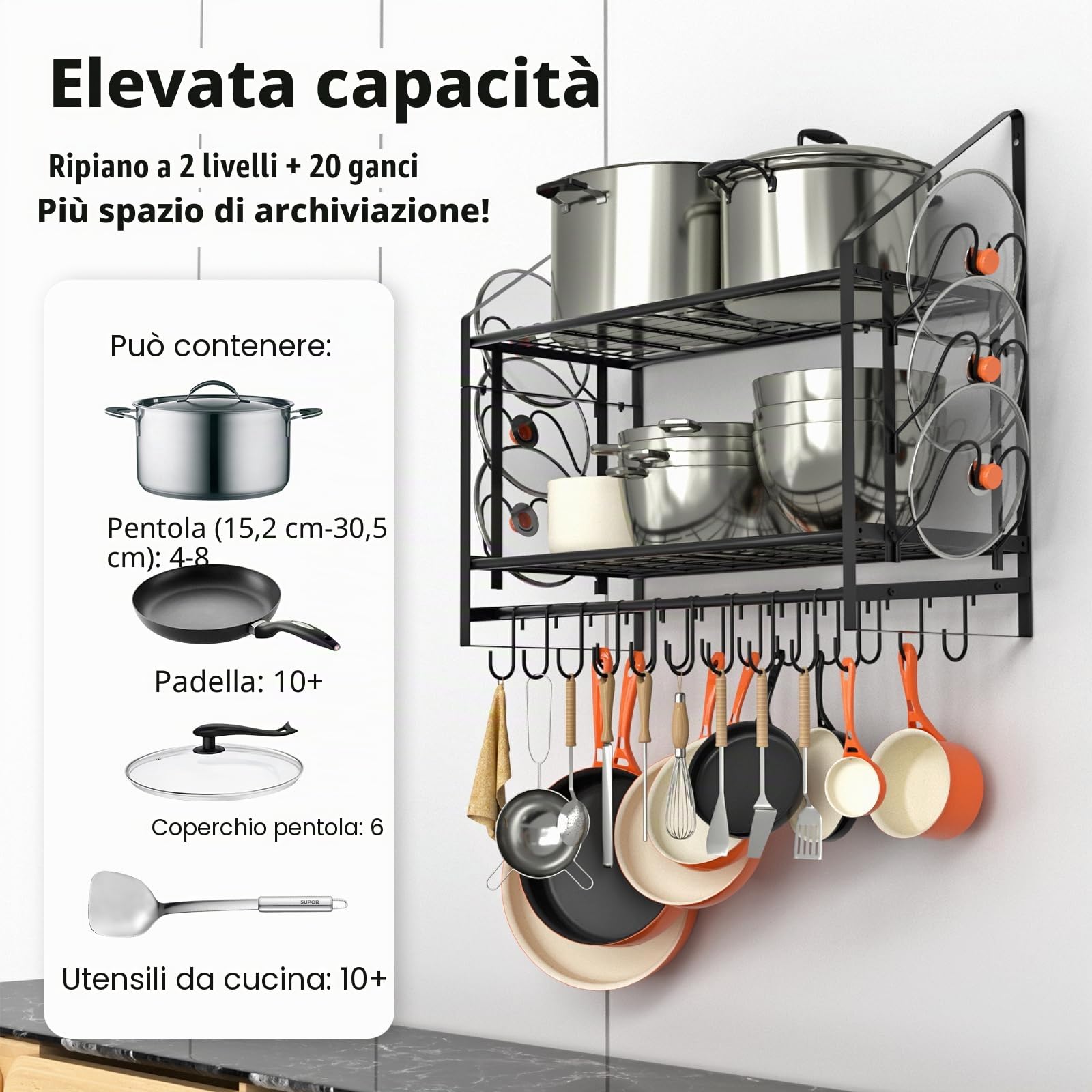 VyGrow Scaffale da parete da 71 cm, organizer per pentole e padelle a 2 livelli con 20 ganci e 6 supporti per coperchi, in acciaio resistente, per pentole e padelle da cucina, 88,1 cm di lunghezza x