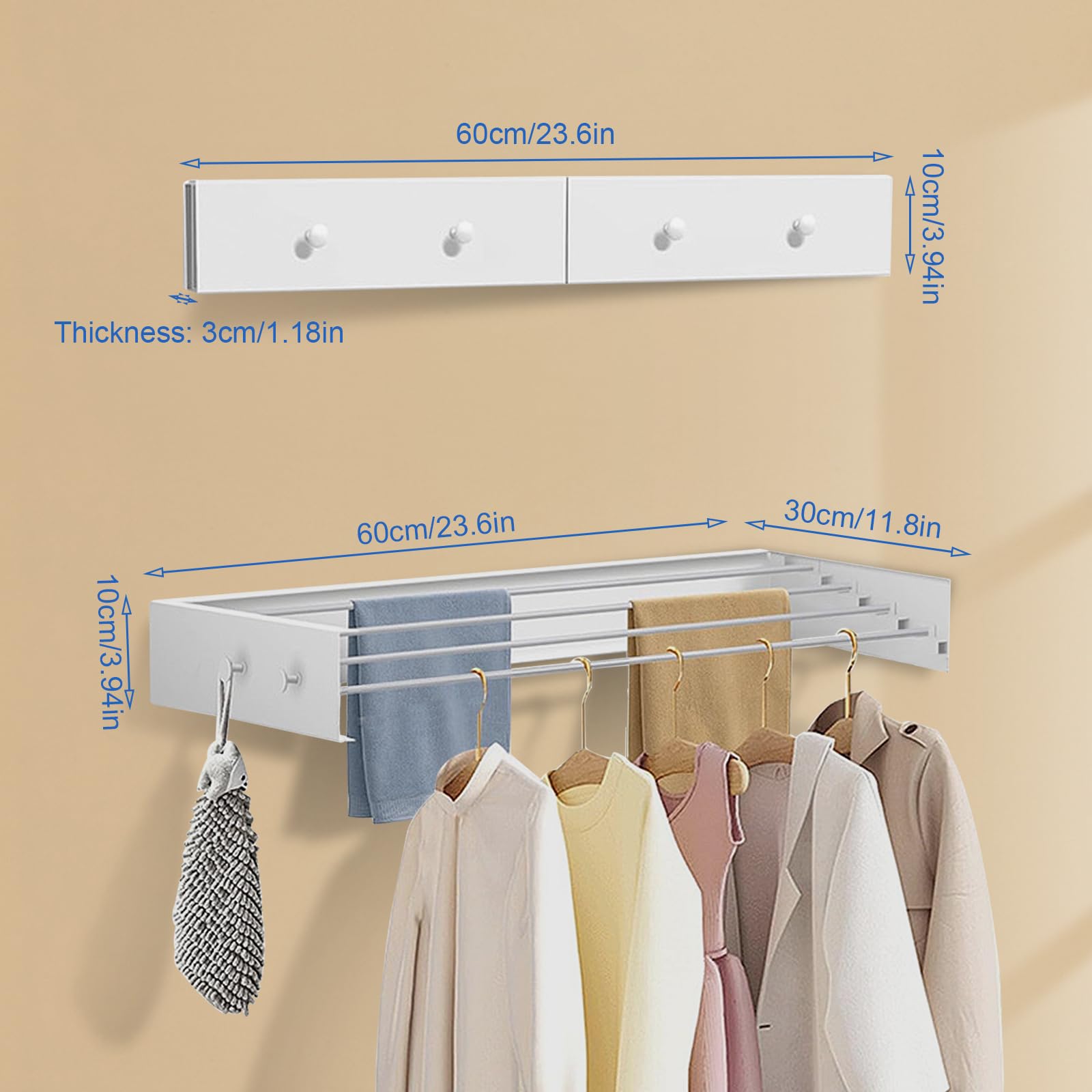 Stendibiancheria da parete, 60 cm, pieghevole, in acciaio al carbonio, resistente, con 4 ganci, capacità di carico 25 kg, per interni ed esterni (60 cm)