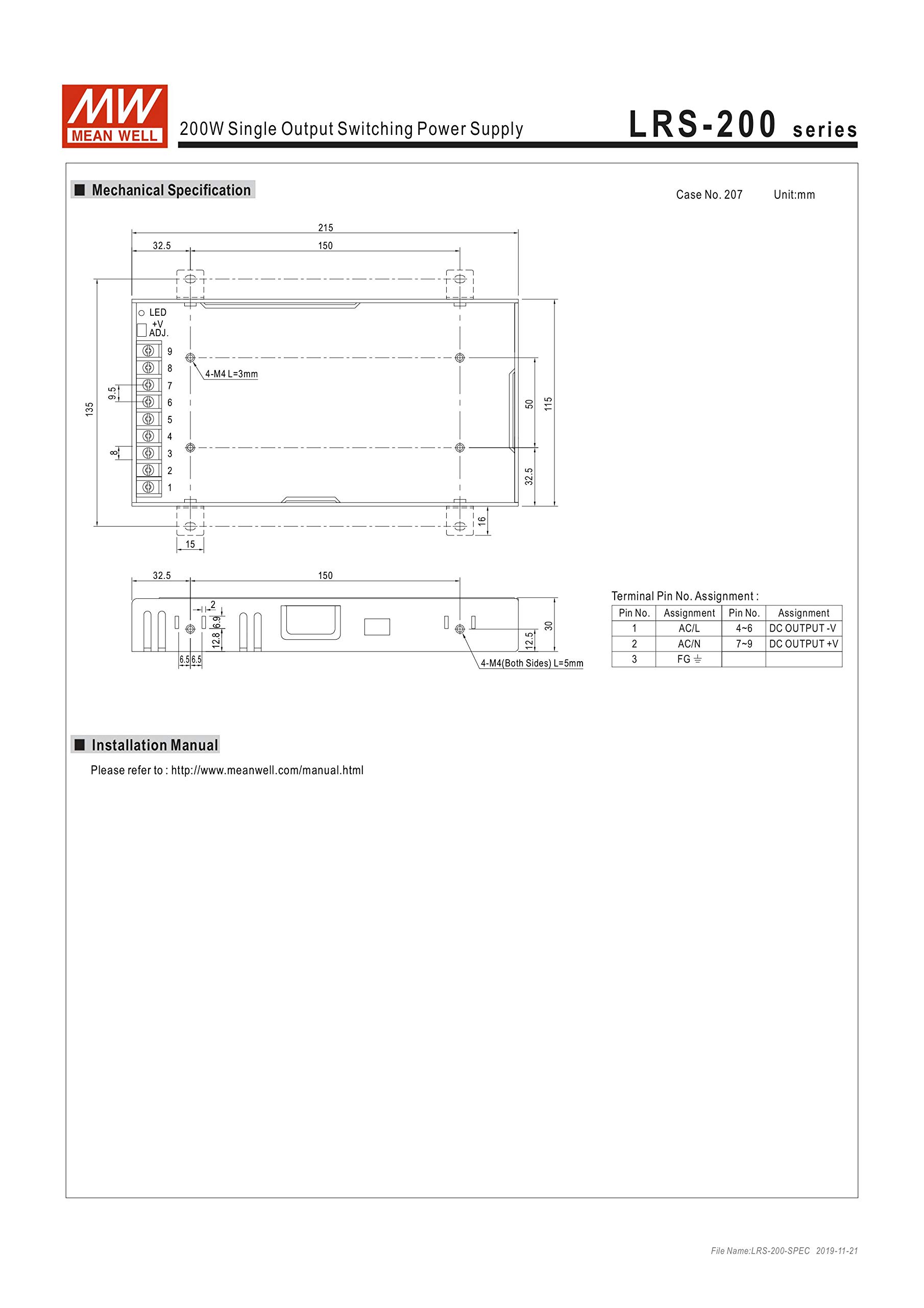 Mean Well LRS-200-24 - Fuente de alimentación (211 W, 24 V, 8,8 A, plana, 30 mm, 1HU, carcasa de metal)