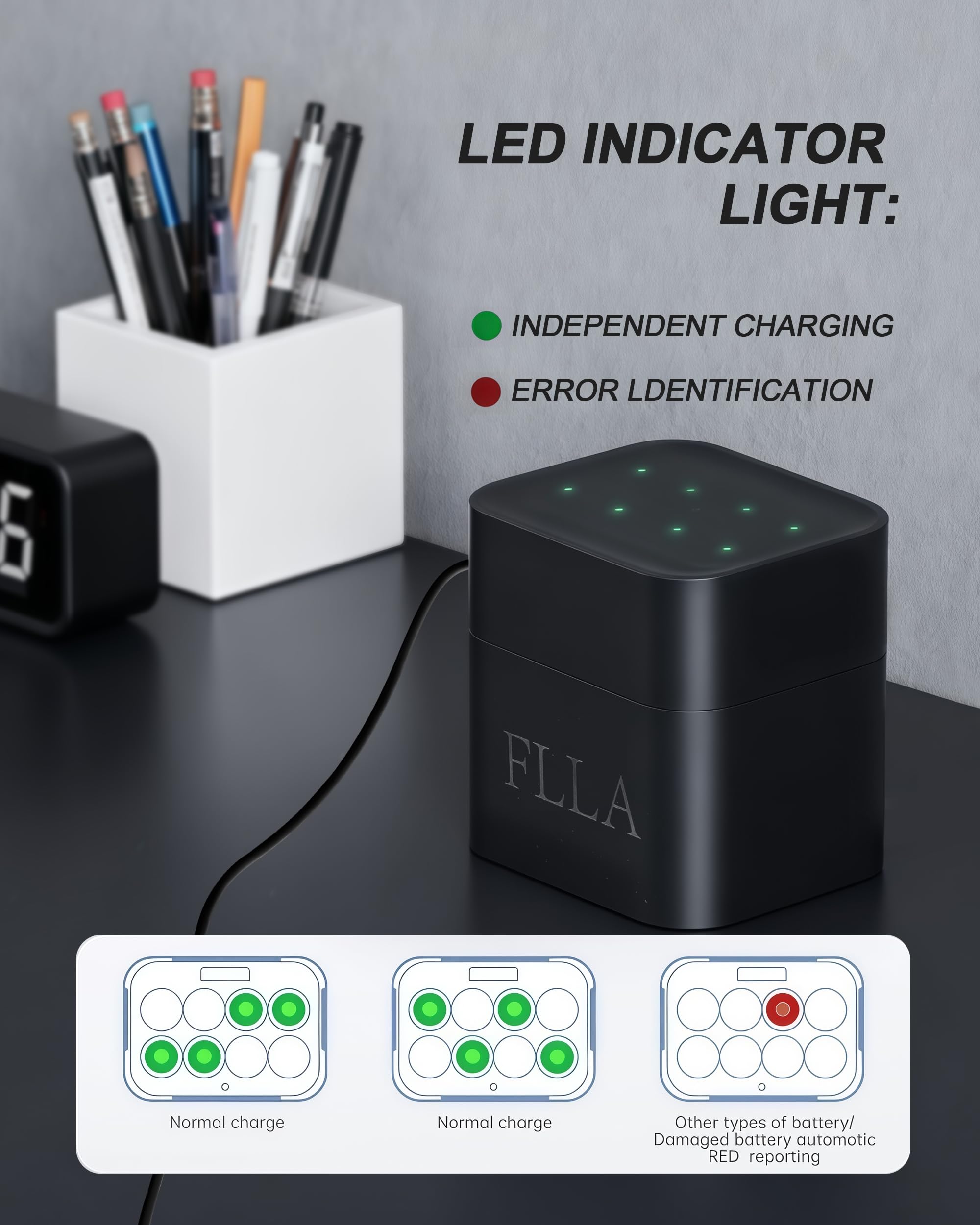 FLLA Baterías de litio AA recargables de 8 ranuras de 4255 mWh 1.5 V con cargador rápido USB-C y caja de almacenamiento, salida constante, más de 2000 ciclos para cámaras de timbre, controladores de