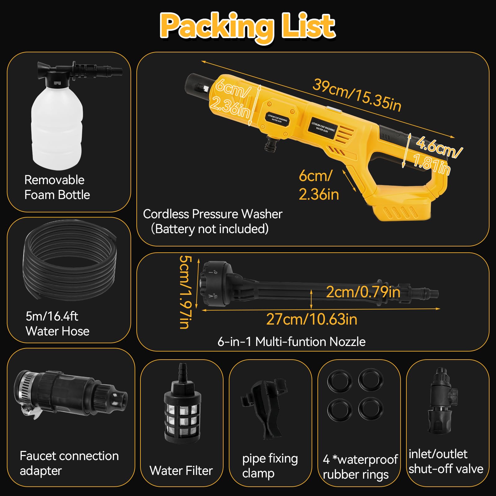 Limpiador de alta presión compatible con Dewalt 18/20 V, portátil de 69 bar, pistola de limpieza a presión con boquilla de pulverización 6 en 1, manguera de 5 m para riego de suelo de coche (sin