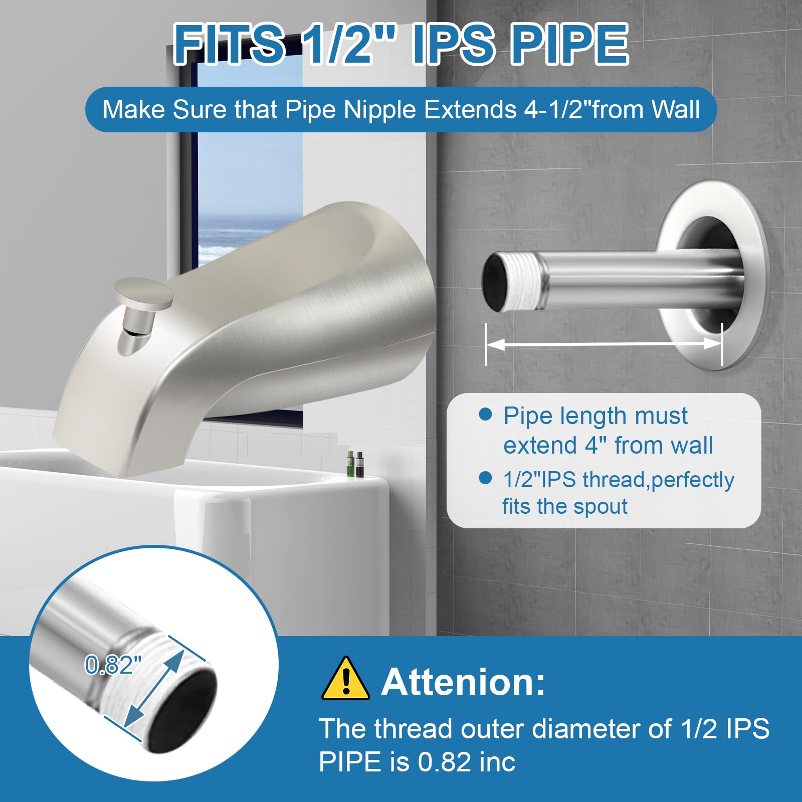 Boquilla universal para bañera de baño para montaje frontal de pared de alcance de 4 pulgadas, compatible con Westbrass E531D-1F-62, boquilla de bañera con desviador de rosca interior IPS de 1/2