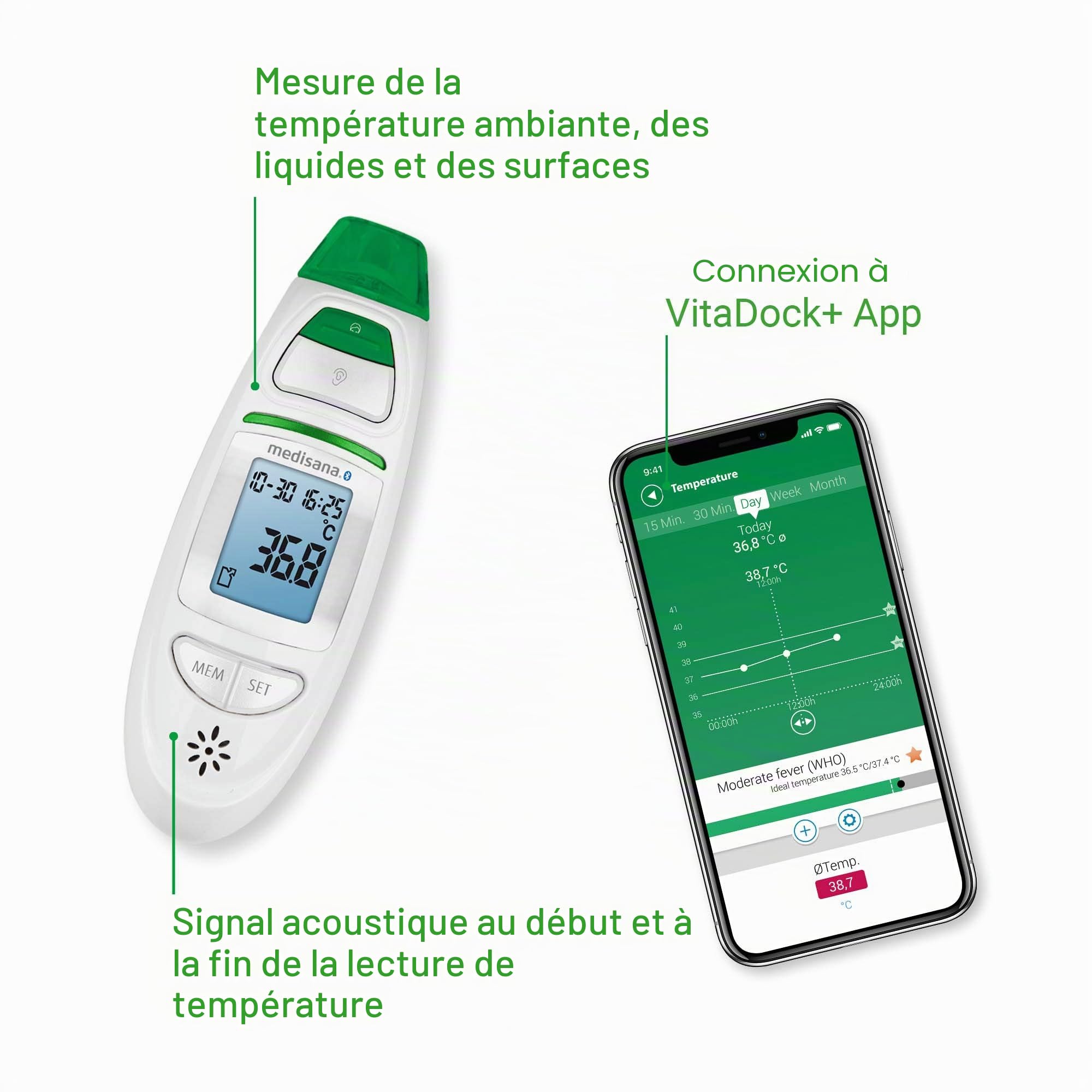 medisana TM 750 connect thermomètre frontal et auriculaire 6-en-1