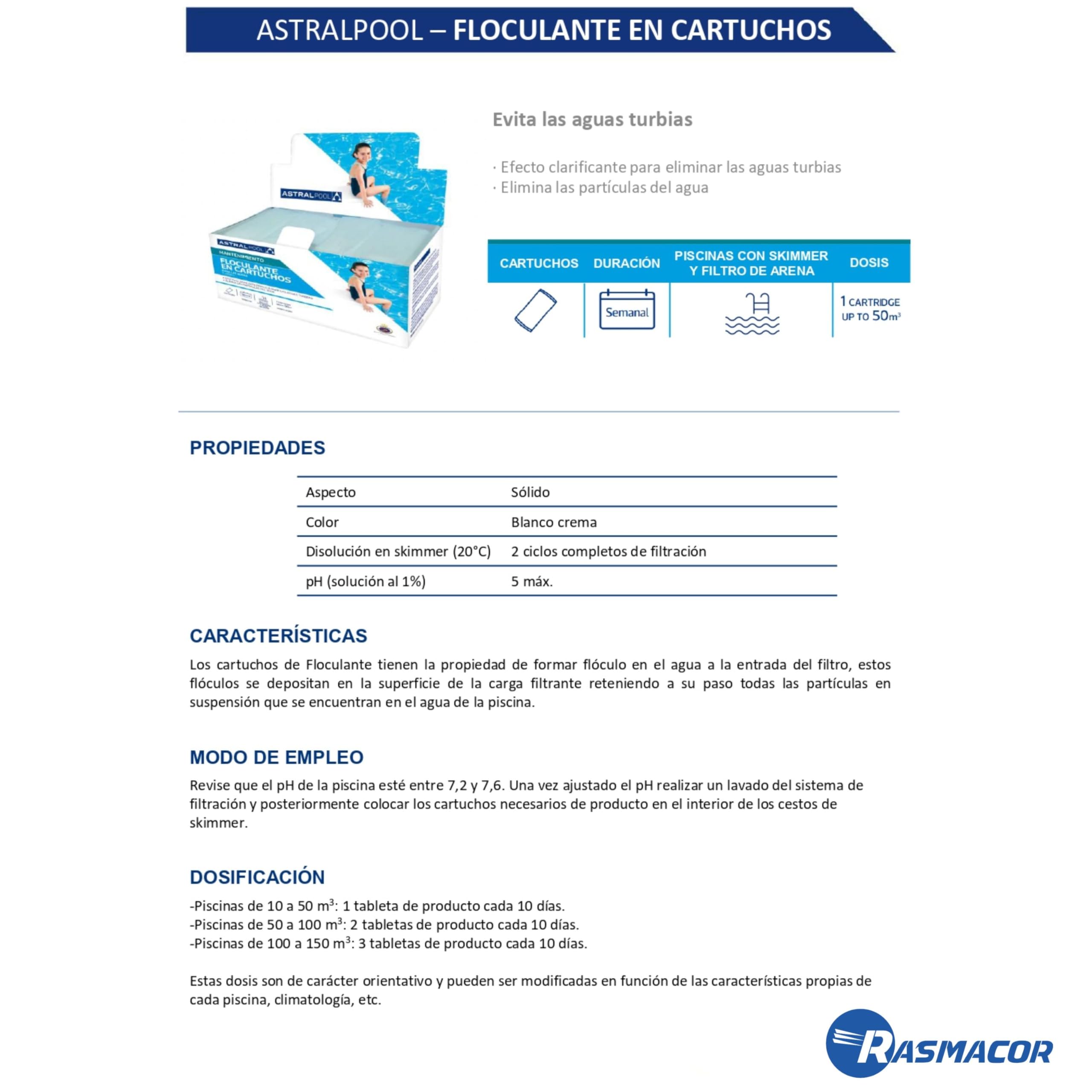 RASMACOR | Floculant Pool Cartouches 8 x 125g pour systèmes de Filtration Sable & Verre 1Kg | 11390 | Clarificateur pour eaux Troubles | Eau cristalline | Accessoires de Piscine | Fabr. Europe