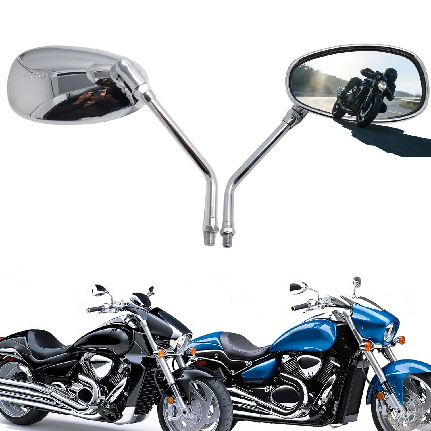 Rétroviseur moto, rétroviseurs latéraux M10 Chrome Compatibles avec paquet de vis pour scooter Street Bike Cruiser Chopper Suzuki