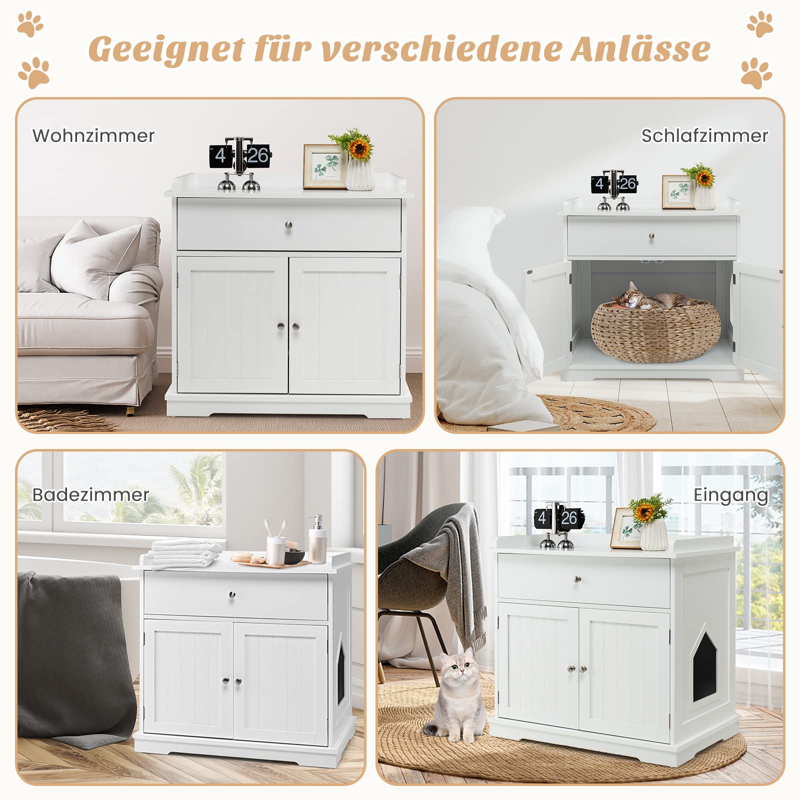 GYMAX Katzenklo Schrank, Katzenschrank für Katzentoilette, Katzenhaus versteckt mit Seiteneingang, Schublade & 2 magnetischen Türen, Katzenmöbel XL für große Katzen, 76 x 53 x 74 cm (Weiß)