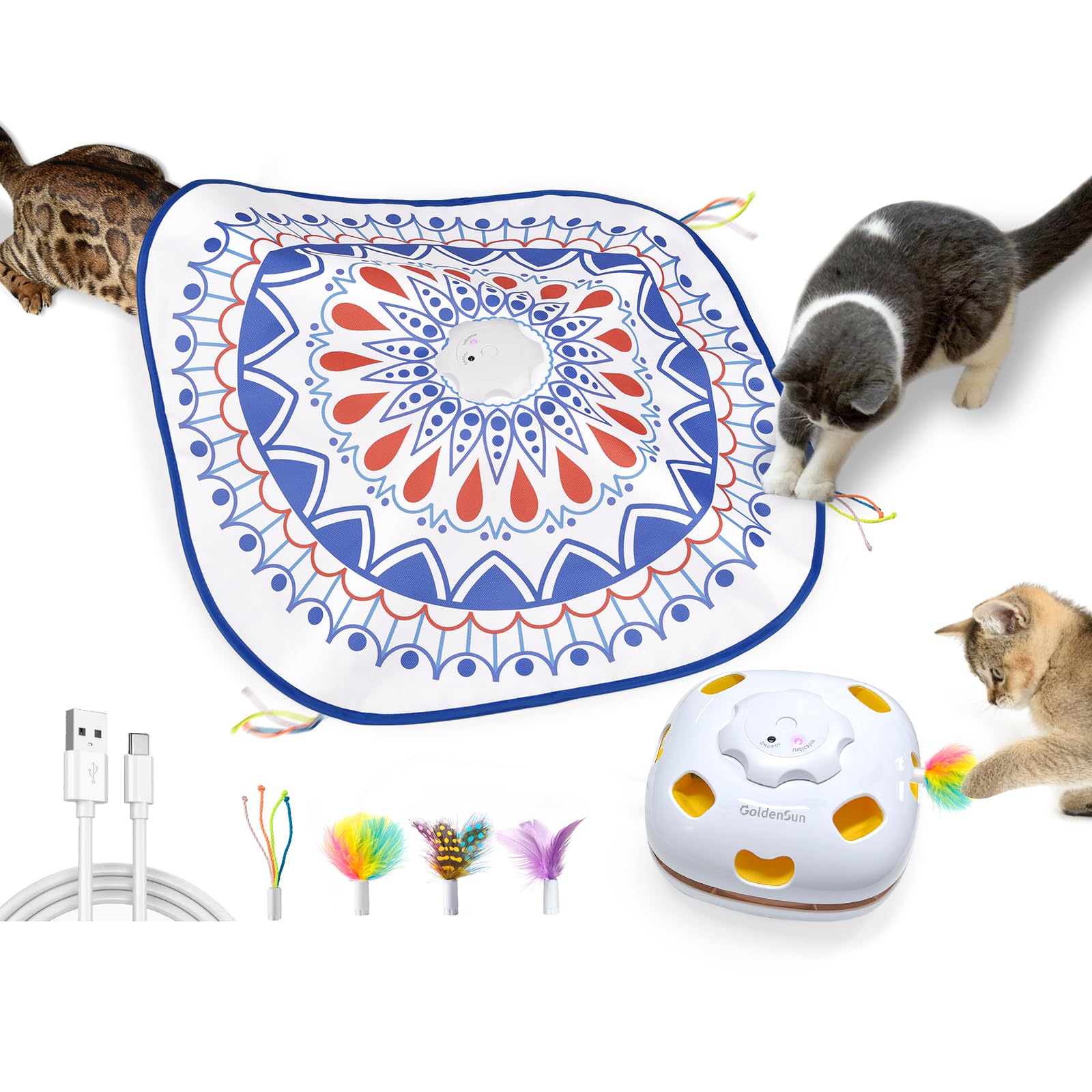 GoldenSun Katzenspielzeug, Aufladbares Interaktives 4-in-1 Katzen Zubehör im Innenbereich, Kitten Spielzeug mit Zauberstab, Schlag auf einen Maulwurf, Katzenangel mit 3 DIY-Ersatzfedern