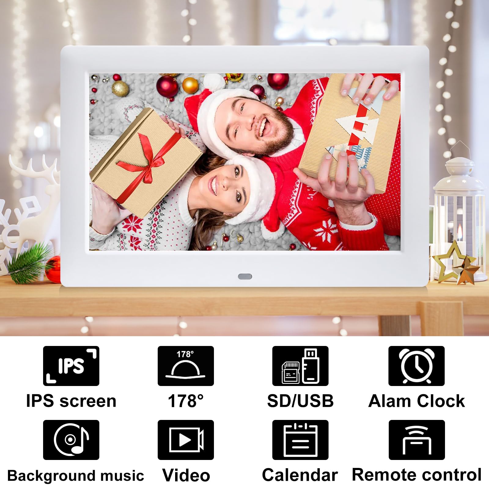Cornice digitale da 10,5 pollici, 1280 x 800P, cornice elettronica, Music Photo Video Player con telecomando/multi-presentazione/calendario/orologio funzione allarme bianco, supporta
