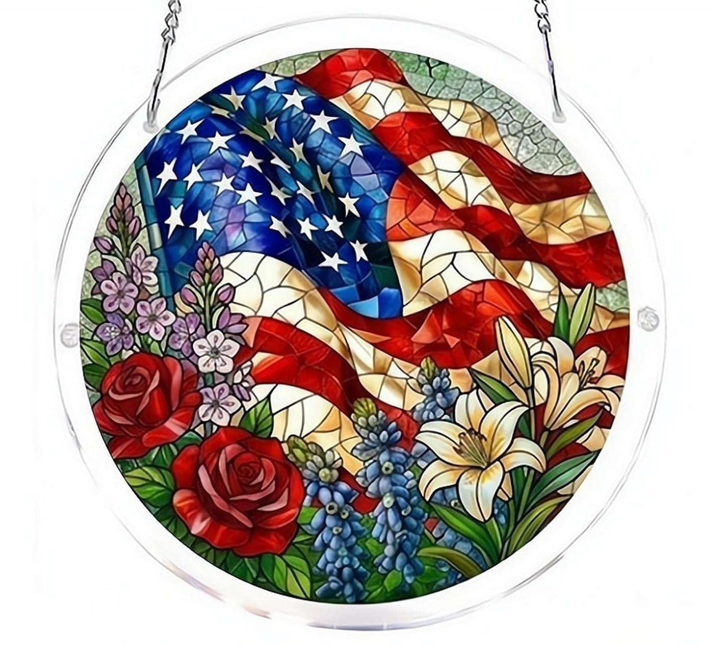 Red White and Blue Patriotic Flowers Acrylic Jigsaw Puzzles Suncatcher, 8.9 Inch Window Hanging Suncatcher Acrylic Puzzle, DIY Home Decor Art Gift