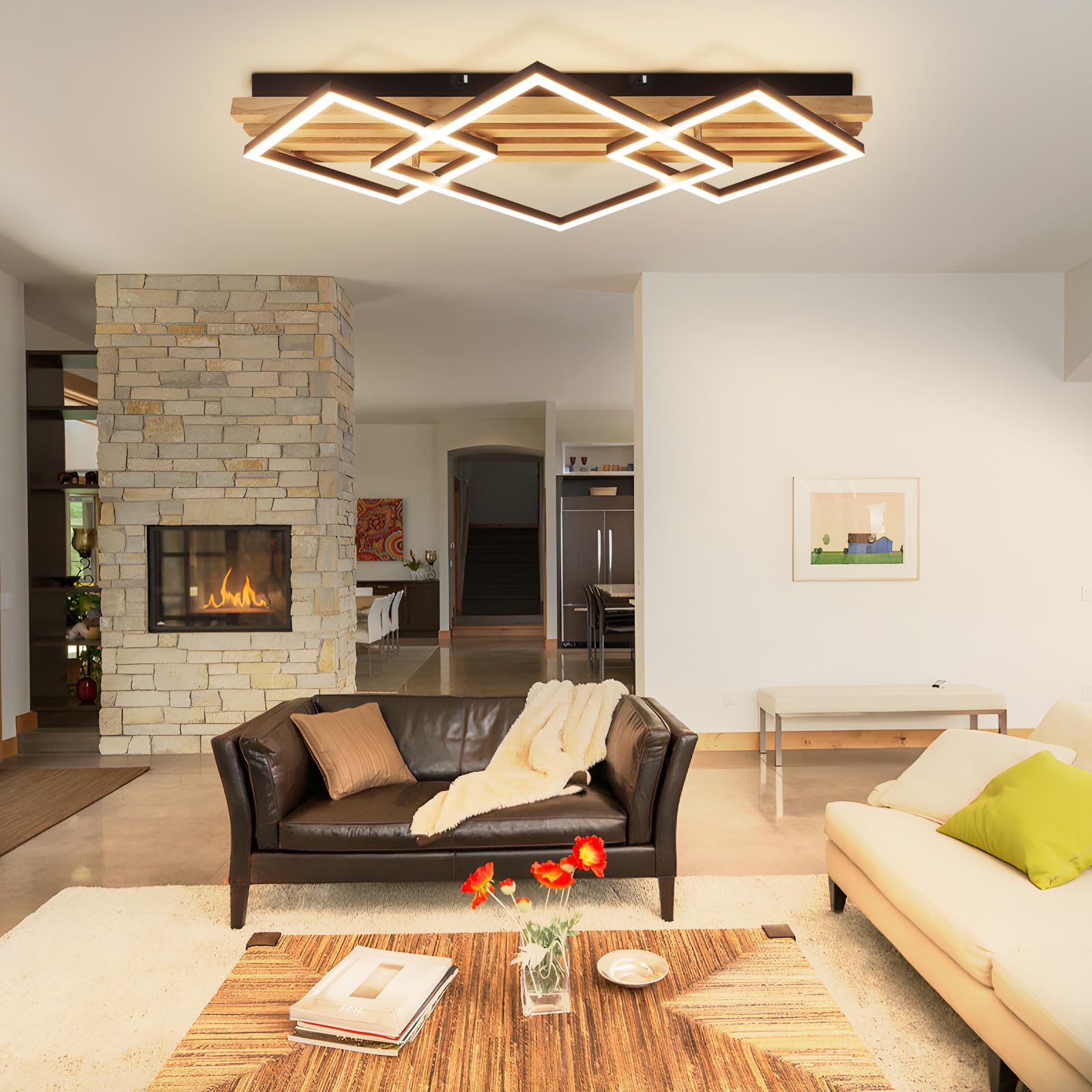 GBLY LED Deckenleuchte Holz 70cm Deckenlampe Dimmbar Wohnzimmerlampe | Modern Schlafzimmerlampe 46W Schwarz eckig küchenlampe fur wohnzimmer schlafzimmer Küchen Flur Büro Lampe, Memory-Funktion