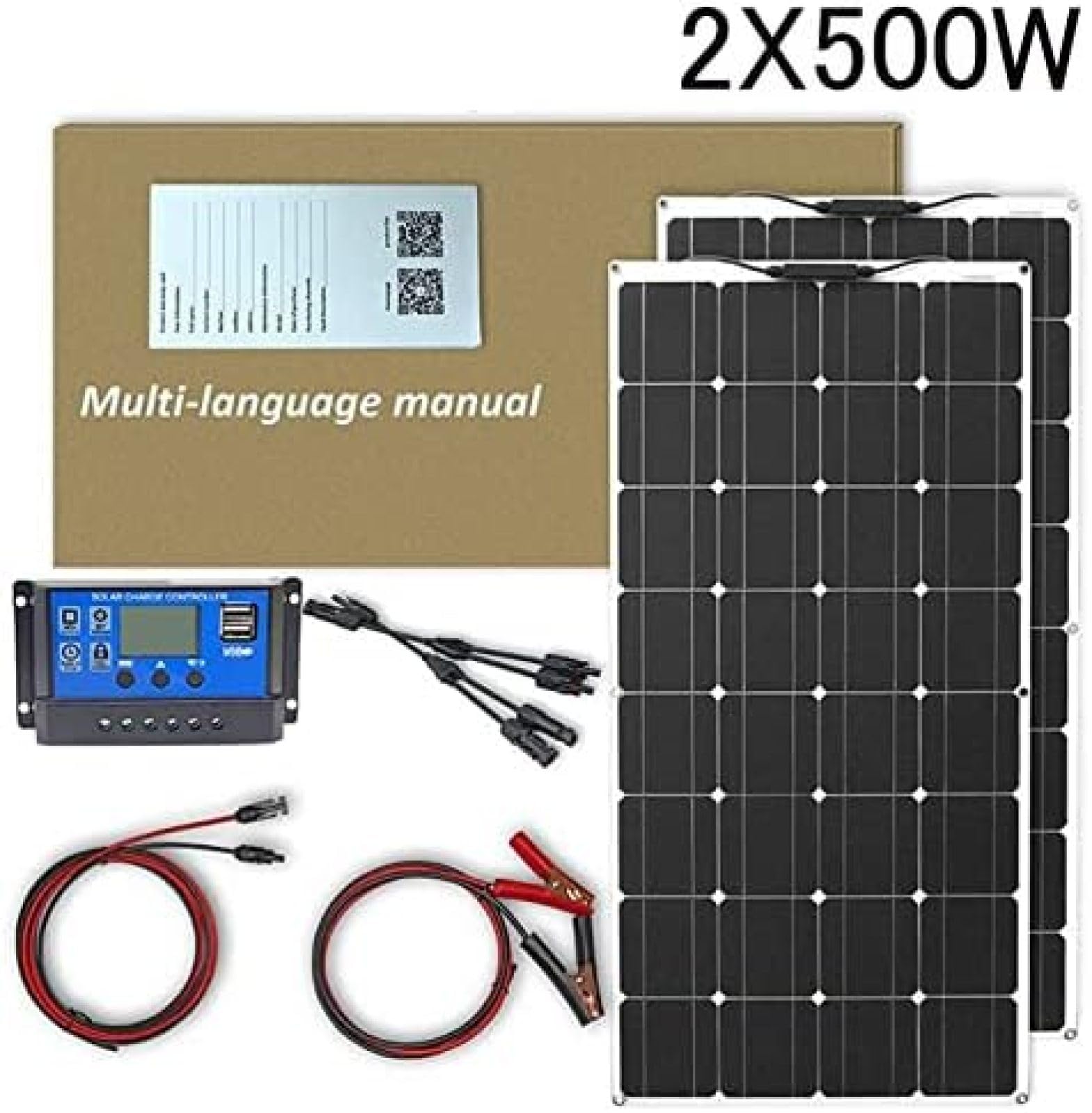 Panel De Energía Fotovoltaica 500W 2PCS Paneles Solares, Paneles Solares Flexibles con Accesorios, Módulo De Alta Eficiencia Cargador De Energía Fotovoltaica, para Viajes En Autocaravana,Bonny369