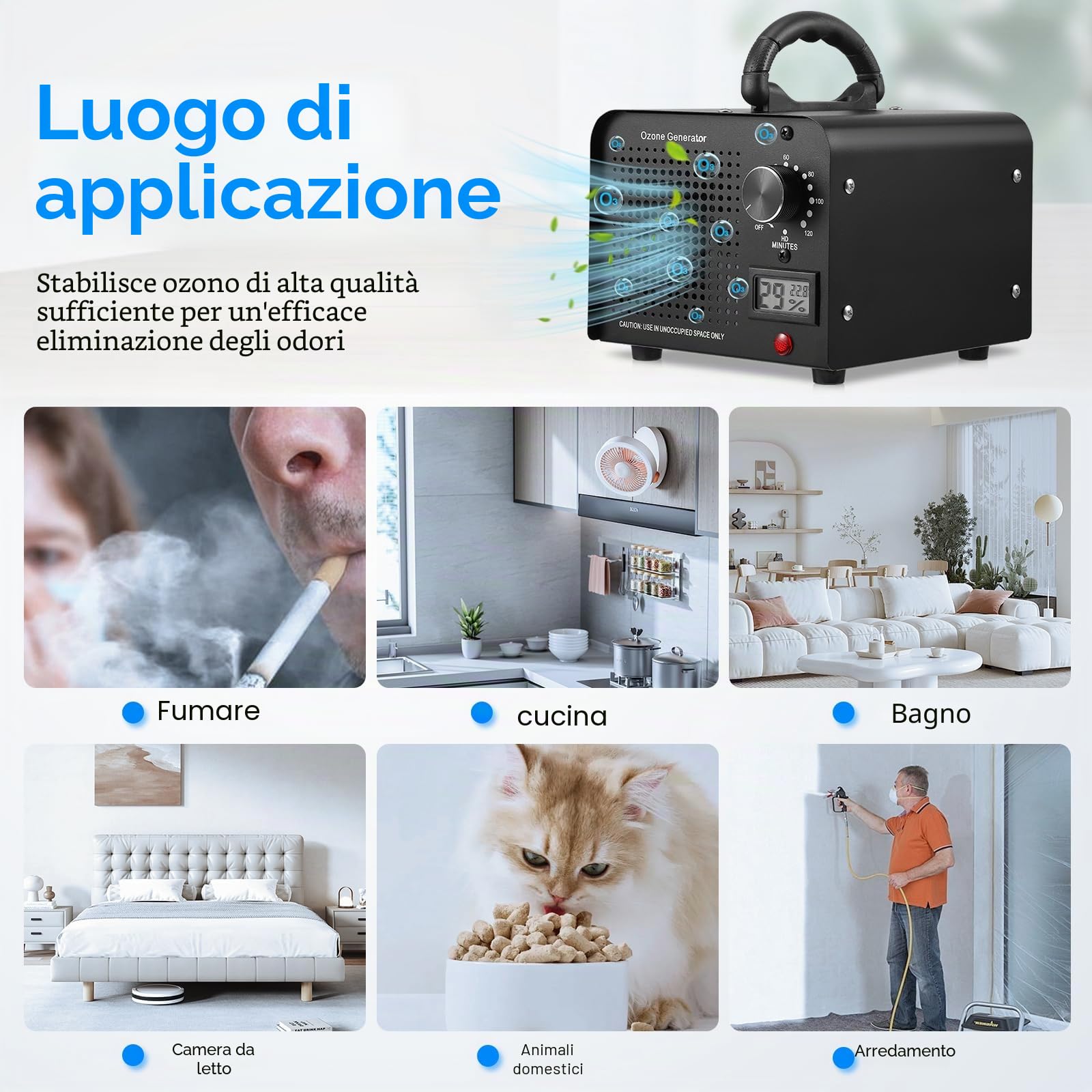 Generatore di Ozono 60000mg/h, Purificatore d'Aria Ozono per 300㎡, Macchina Ozono Alta Capacità O3 con Timer 120 Min, display di temperatura e umidità, Ozonizzatore per Casa Ambienti, Auto, Uffici