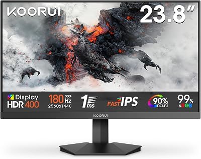 KOORUI G2421V Monitor Gaming QHD 24 Pulgadas, Fast IPS, 180Hz, GTG 1ms, 2560×1440, Adaptive Sync, 2xHDMI 2.0, DP 1.4, HDR400, 90% DCI-P3, Eye Care, Inclinación, VESA 75×75 mm