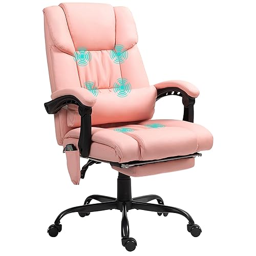 Vinsetto High Back Massage Office Chair with 6 Vibration Points, PU Leather Reclining Computer Chair, Ergonomic Desk Chair with Footrest Adjustable Height and Remote, Pink - Pink