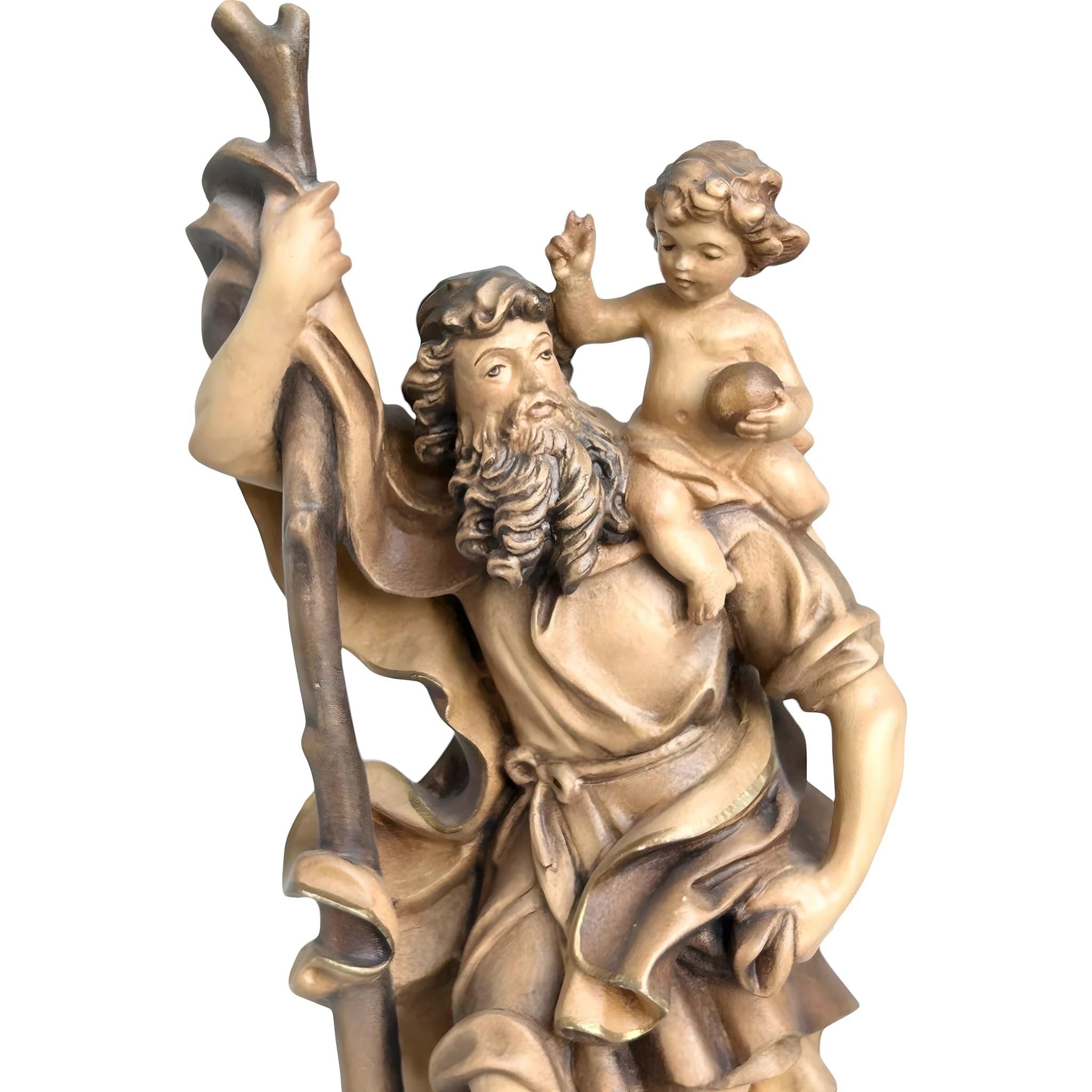 Christophorus aus Ahornholz 12 cm handgefärbtes Holz in Gröden Krippenfigur
