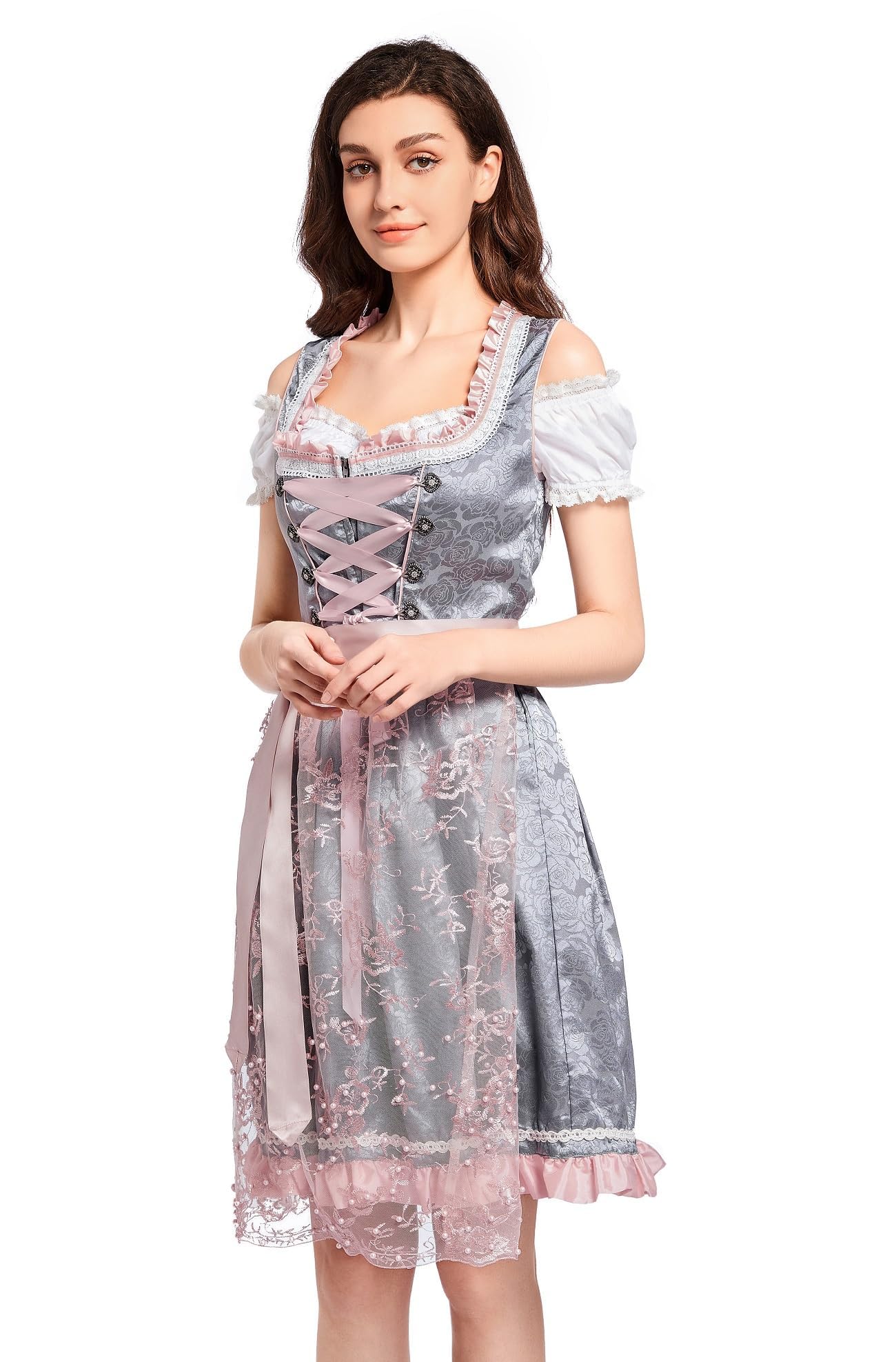 VKI Midi Dirndl Damen Kleid mit Spitzenschürze, Bayerische Tracht Oktoberfest Damen Outfit